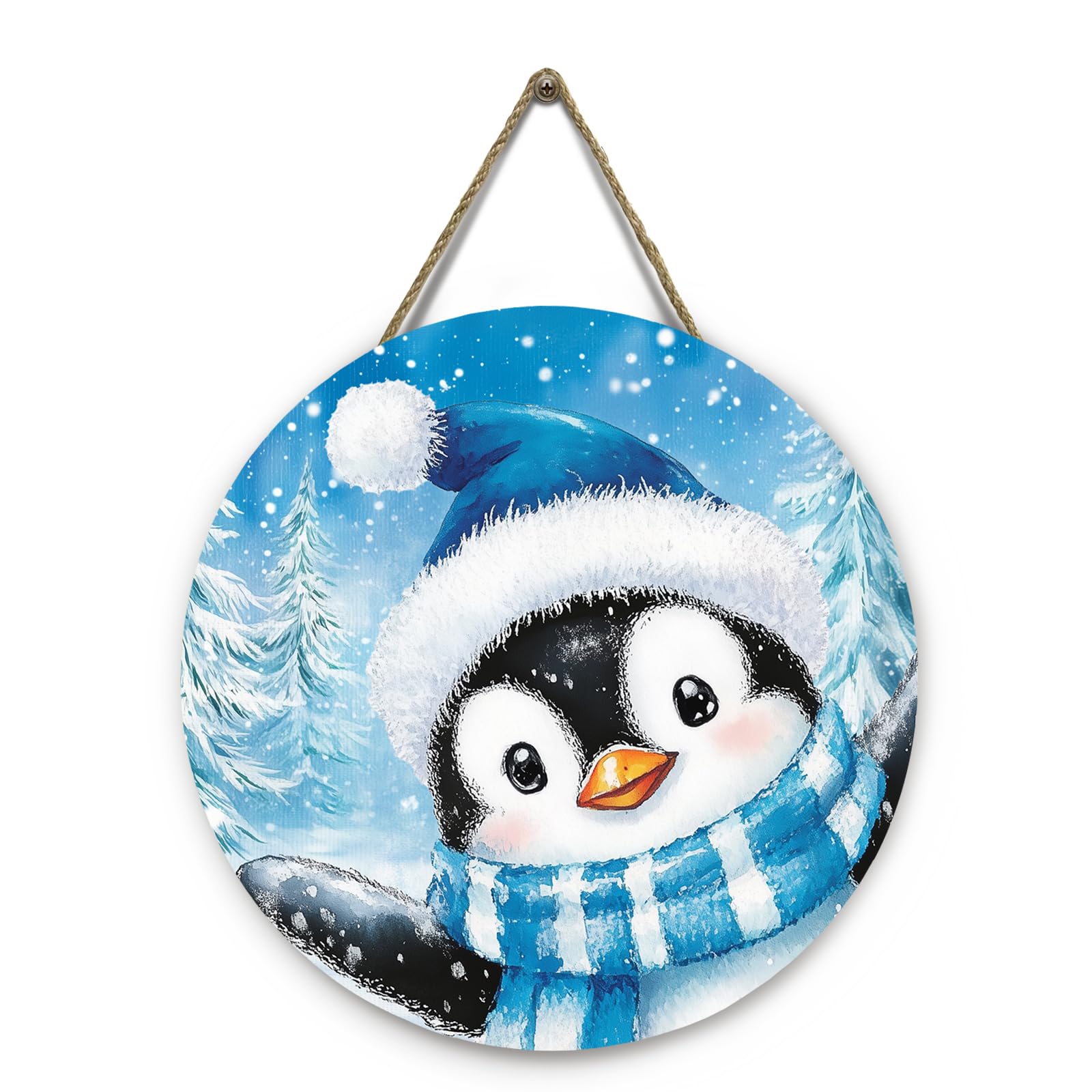 Winter Penguin Front Door Sign Blue Snow Wood Door Hanger 12 Inch