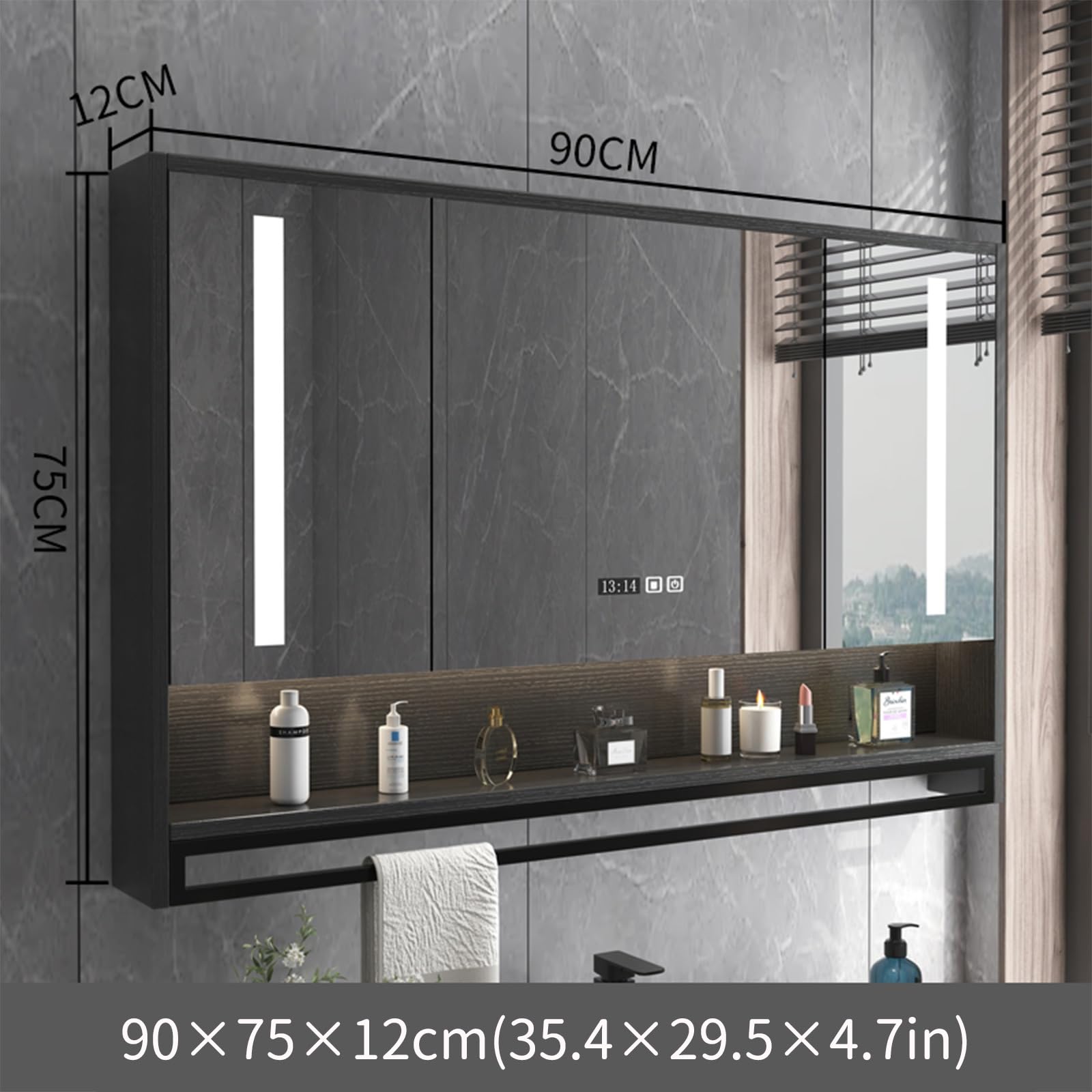 Szafka łazienkowa z lustrem LED, montowana na ścianie, z odmgławianiem i wieszakiem na ręczniki, 3 drzwi obrotowe, nowoczesny design, 90 x 75 x 12 cm