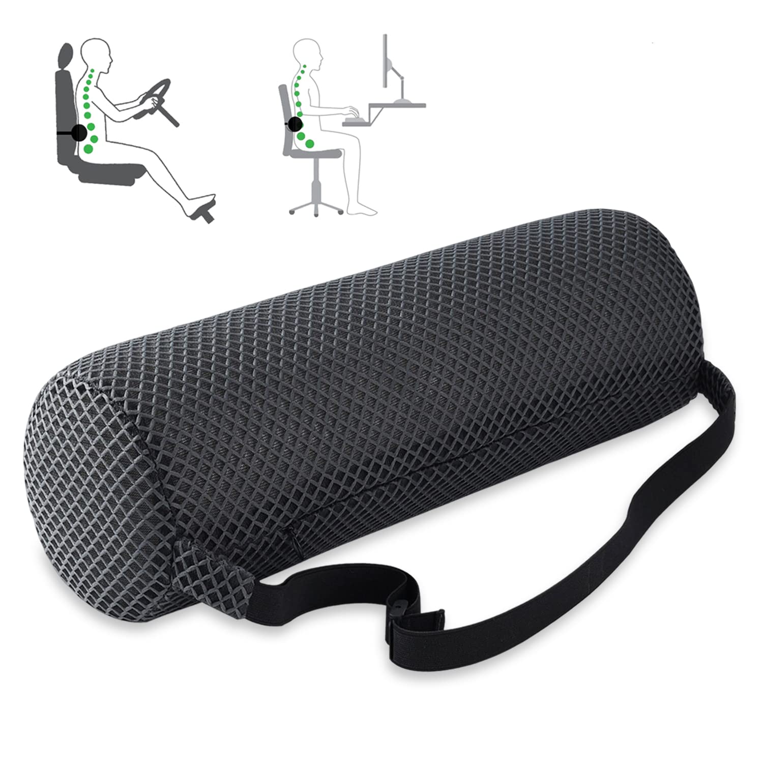 Almohada de apoyo lumbar transpirable de malla de aire suave para sillas de oficina y asientos de coche, soporte de madera de rollo de gran tamaño