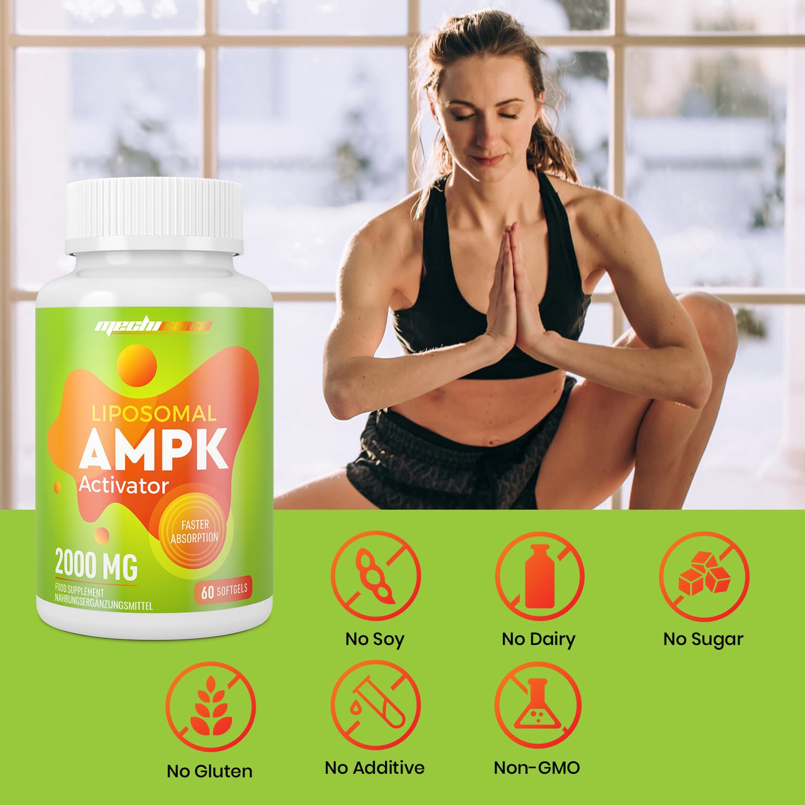 Capsules Liposomales Activateur AMPK 2000 mg, Formule 6-en-1 avec Berbérine HCL, Quercétine Dihydratée et Resvératrol, pour un Soutien Antioxydant, Sans Soja, Sans Gluten