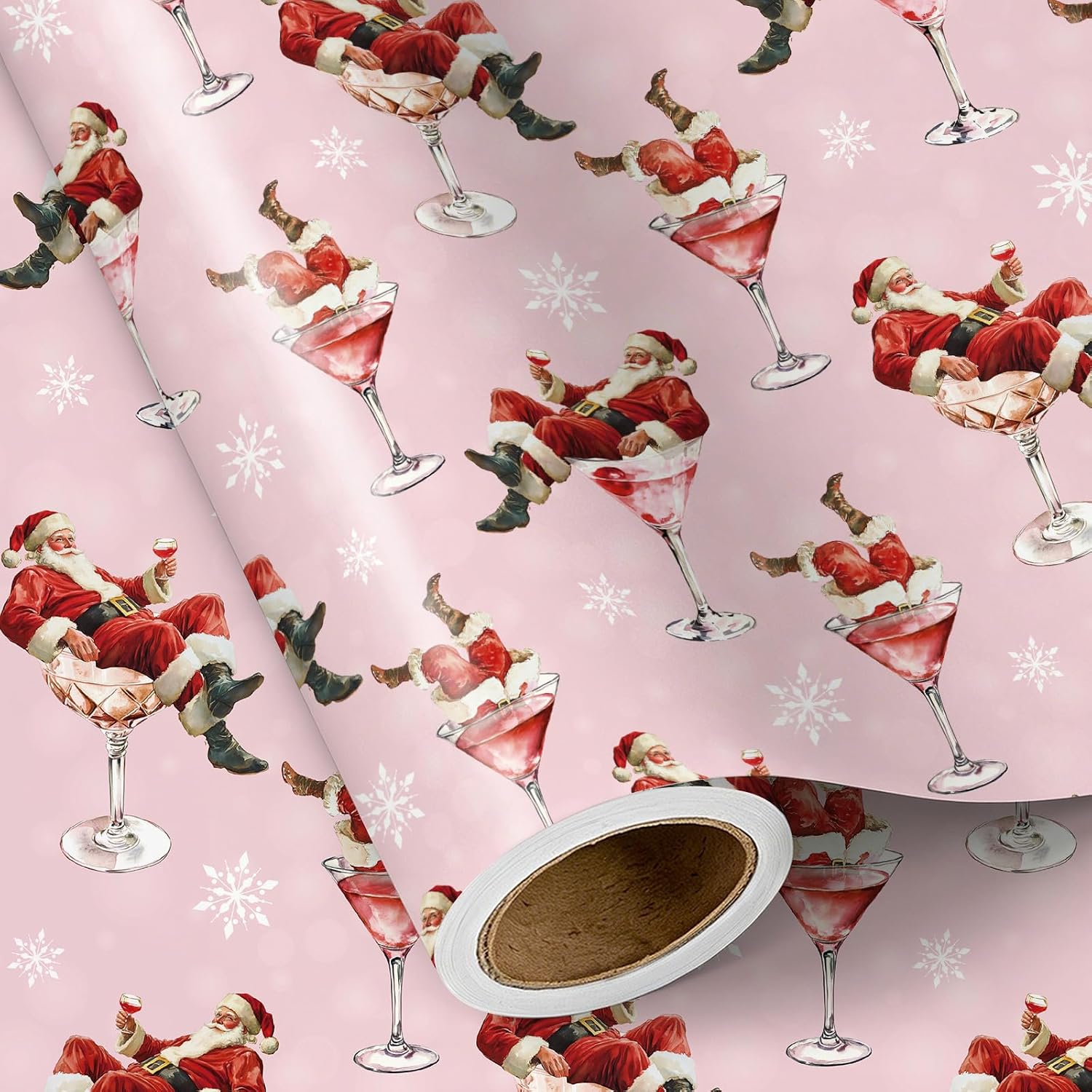 RUSPEPA Funny Christmas Wrapping Paper Roll, Mini Roll, Santa in Martini Glass & Snowflake Design, Pink Gift Wrap for Women, Friends, Adults, Party, Christmas, Holiday, 17 Inches x 16.4 Feet
