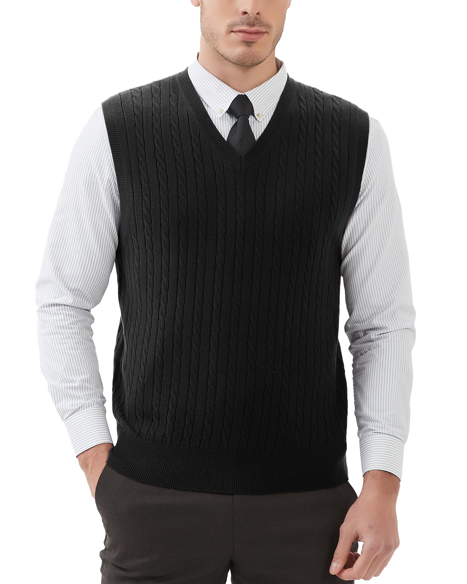Kallspin Men’s Sweater Vest Wool Blend Cable Knit Sleeveless Jumper Casual Pullover Knitwear(Black, L)