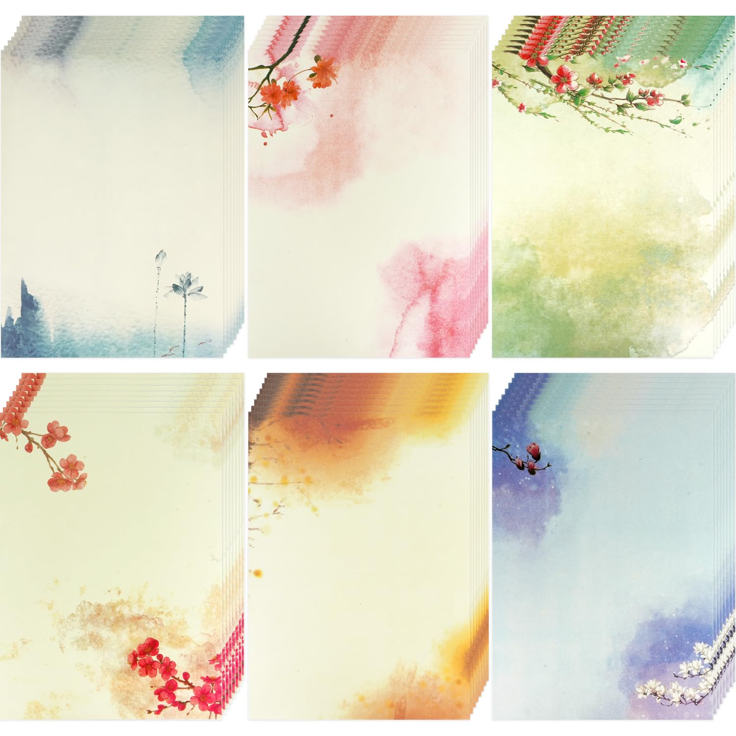 SOOKOO 48 Pcs Assorted Color Writing Stationery Paper, Letter Writing Paper Letter Sets (6 colors, 8 pcs per color) (Style 03)