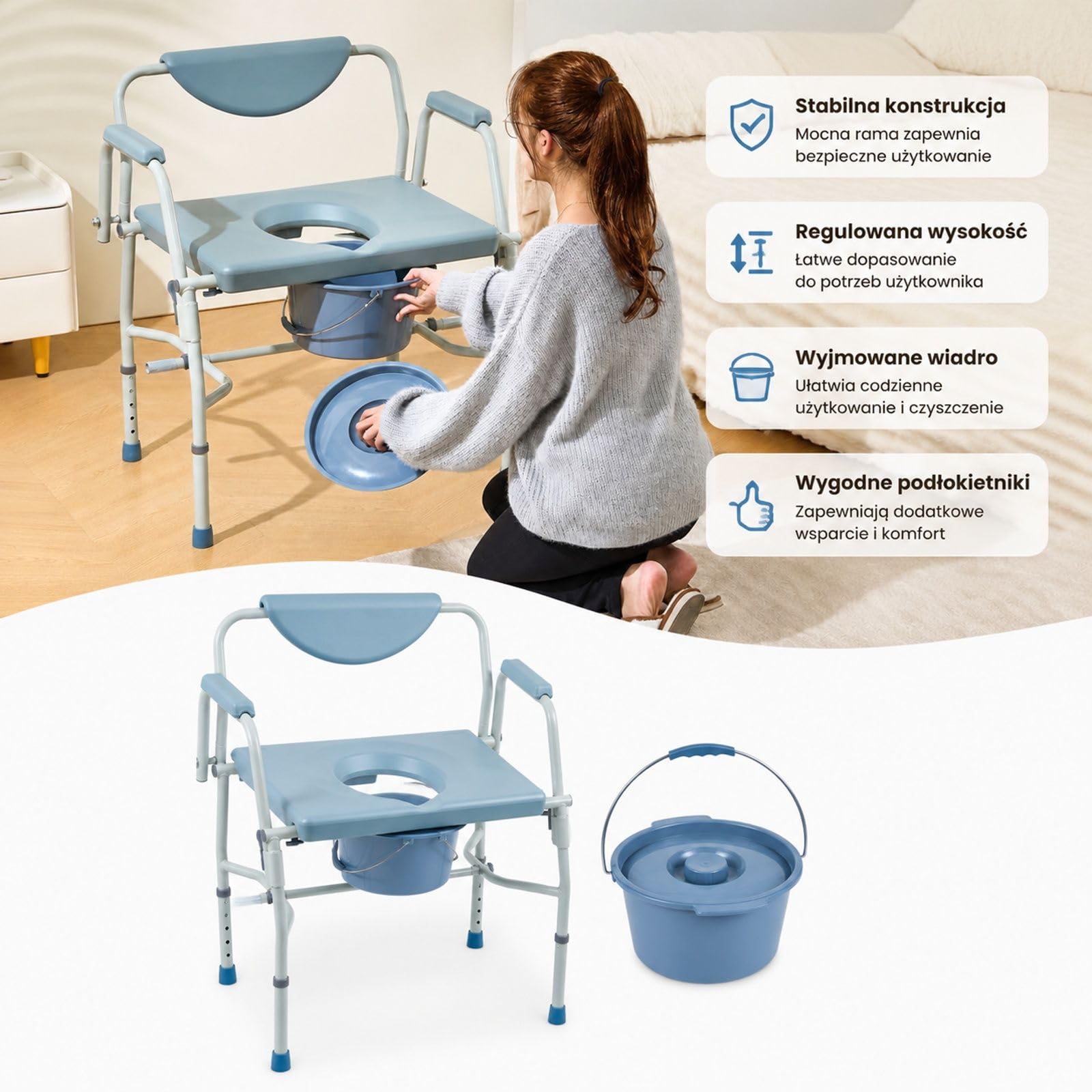 Krzesło toaletowe, stolik nocny ze składanymi podłokietnikami i zdejmowanym oparciem, 5-stopniowa regulacja wysokości 50-62 cm, zdejmowany pojemnik o pojemności 7 litrów, łatwy montaż, udźwig 453