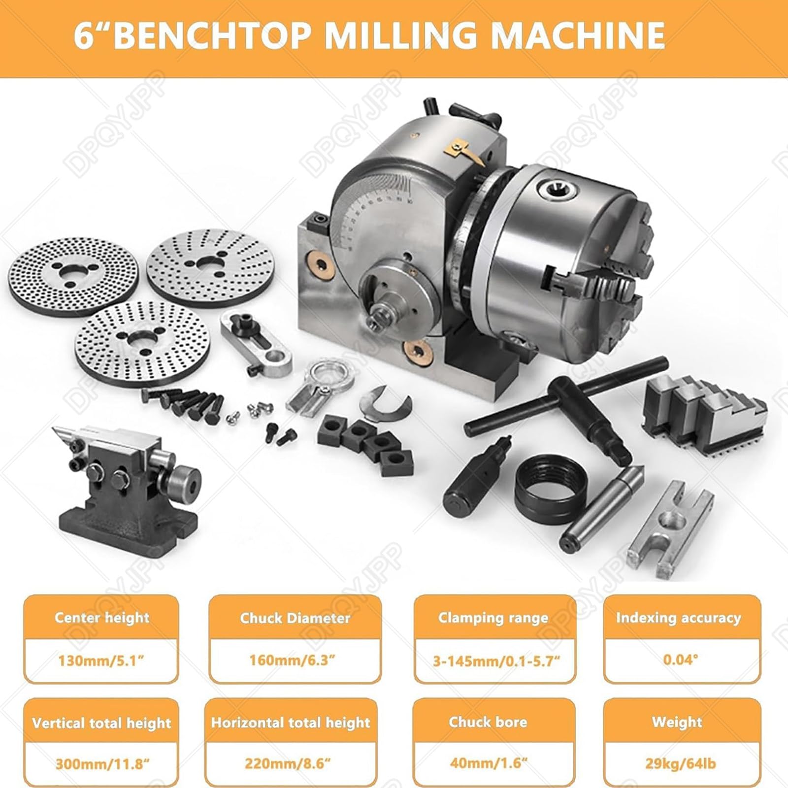 Ensemble fraisage à tête diviseuse 4 po/5 po/6 po avec mandrin à 3 Mors et Contre-Pointe - Comprend mandrins 100 mm, 125 mm, 160 mm pour fraiseuses, rectifieuses perceuses 5in/125mmchuck