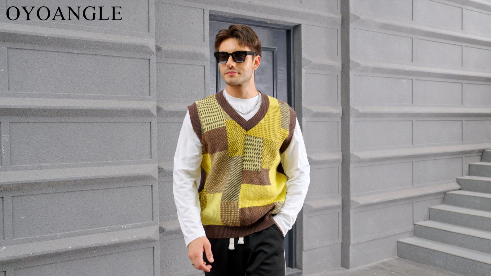 OYOANGLE Men's Vintage Plaid Print Sweater Vest Sleeveless V Neck