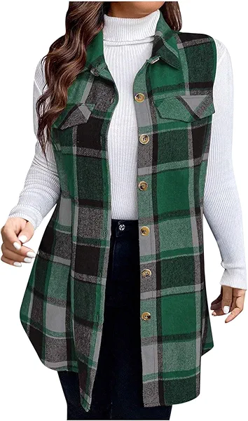 Button Down Vest Top Women Womens Flannel Plaid Vest Tops Trendy Long Sleeveless Button Down Shirts Jackets Casual Fall Checkered Shacket Coat Green L