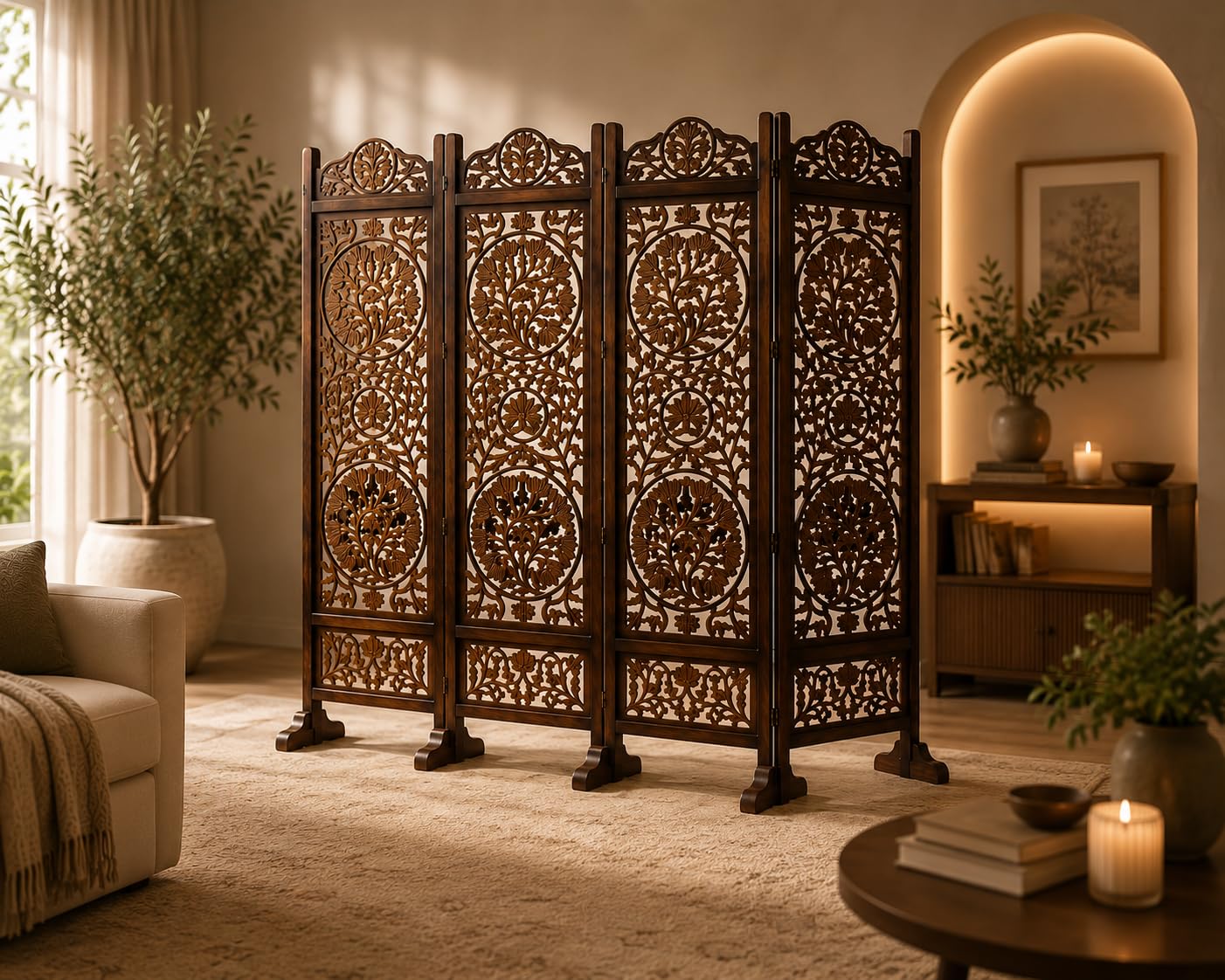 THE WOODEN SHOPPEE Wooden Room Partition and Folding Privacy Screens Wooden Room Divider for Bedroom Home Office Room Divider Room Partition (6 Feet 4 Panel with Stand Brown)-image-21