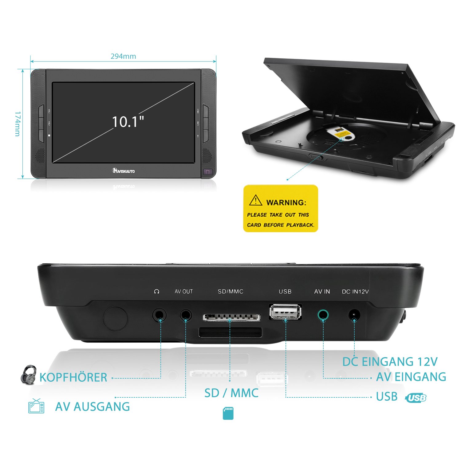 NAVISKAUTO 10,1" DVD Player für Auto Tragbarer DVD Player 1080P HD TFT Bildschirm FM Kopfstütze Monitor Memory HDMI SD USB mit IR Kopfhörer 12V (Doppel Player)