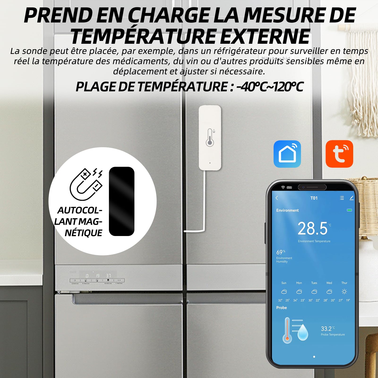 Thermomètre hygromètre WiFi avec capteur externe intelligent pour intérieur extérieur alarme application surveillance à distance compatible Alexa congélateur