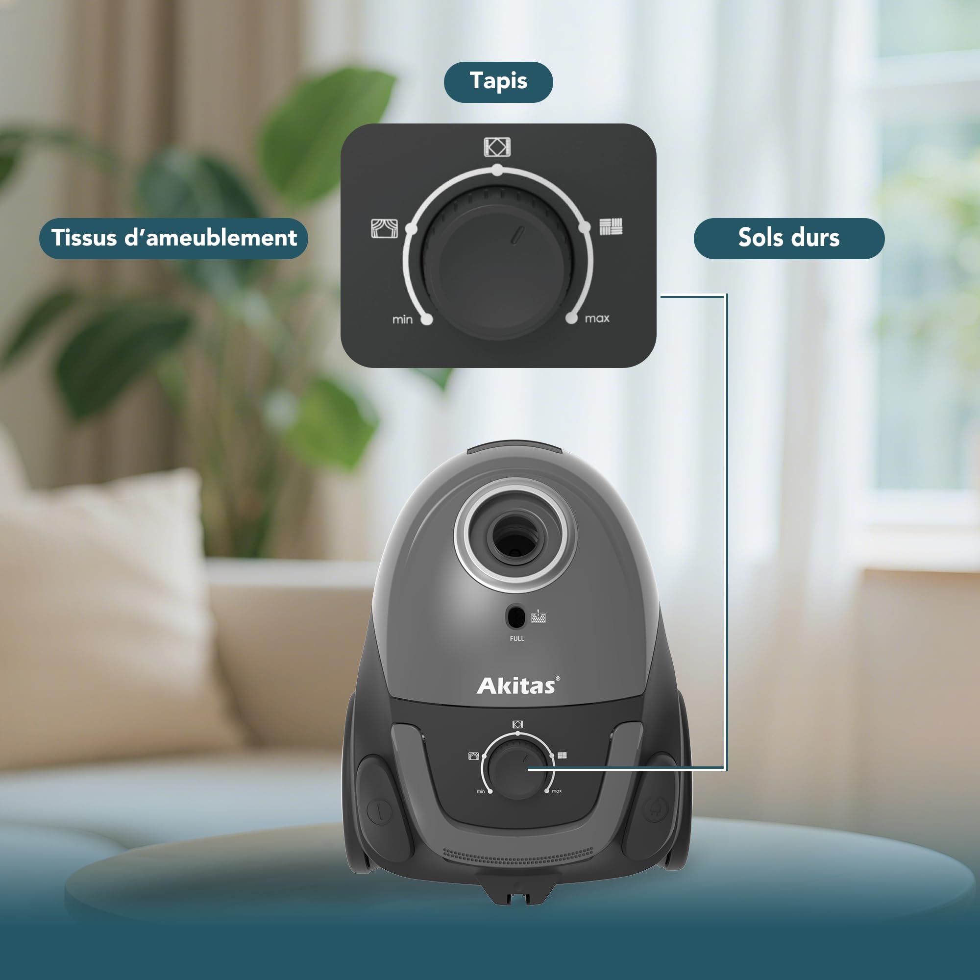 Akitas C5 Aspirateur avec Sac 850W, Portée 9m, Brosse Allemande Wessel-Werk, Filtre HEPA pour Allergies et Animaux, Compact et Léger