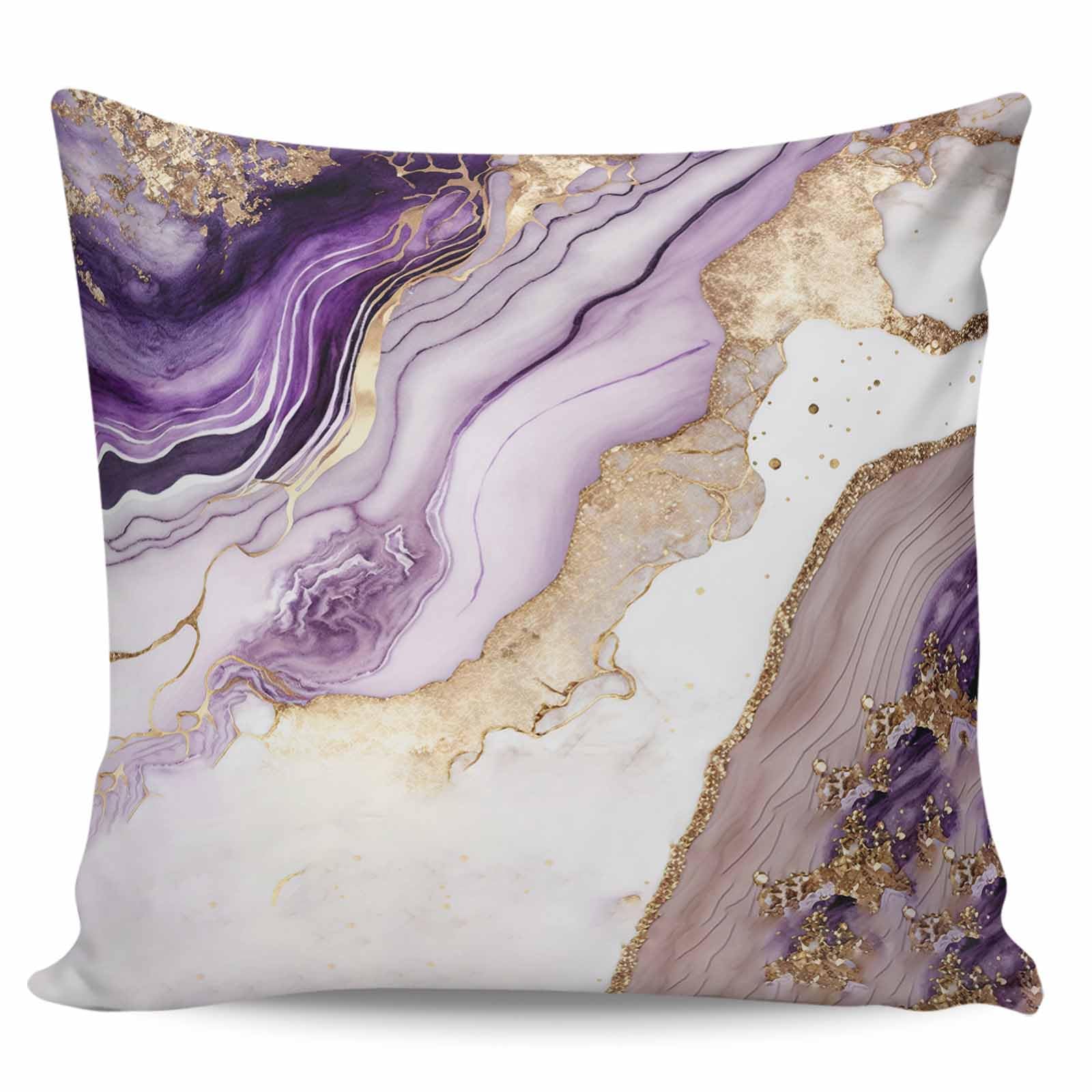 YOKOU Throw Pillow Case Square Satin Cushion Cover, Abstract Marble Texture Purple Gold Pillowcase for Sofa Couch Living Room Bedroom, 1 Pack 16" x 16