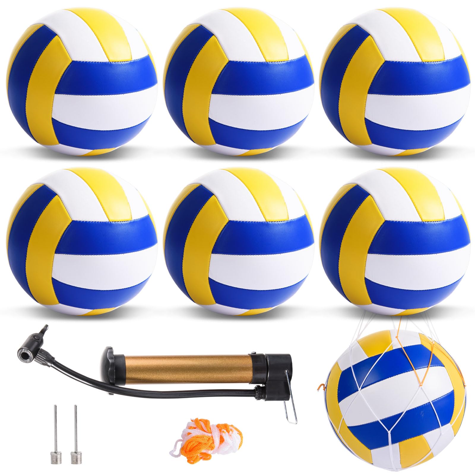 AWIZOM Volleybälle aus PU-Leder, offizielle Größe 5, 6 Stück, weiche Freizeit-Volleybälle für drinnen und draußen, Volleyball mit Pumpe, Netztasche, Aufblasstifte für Strand, Poolspiel, Fitnessstudio