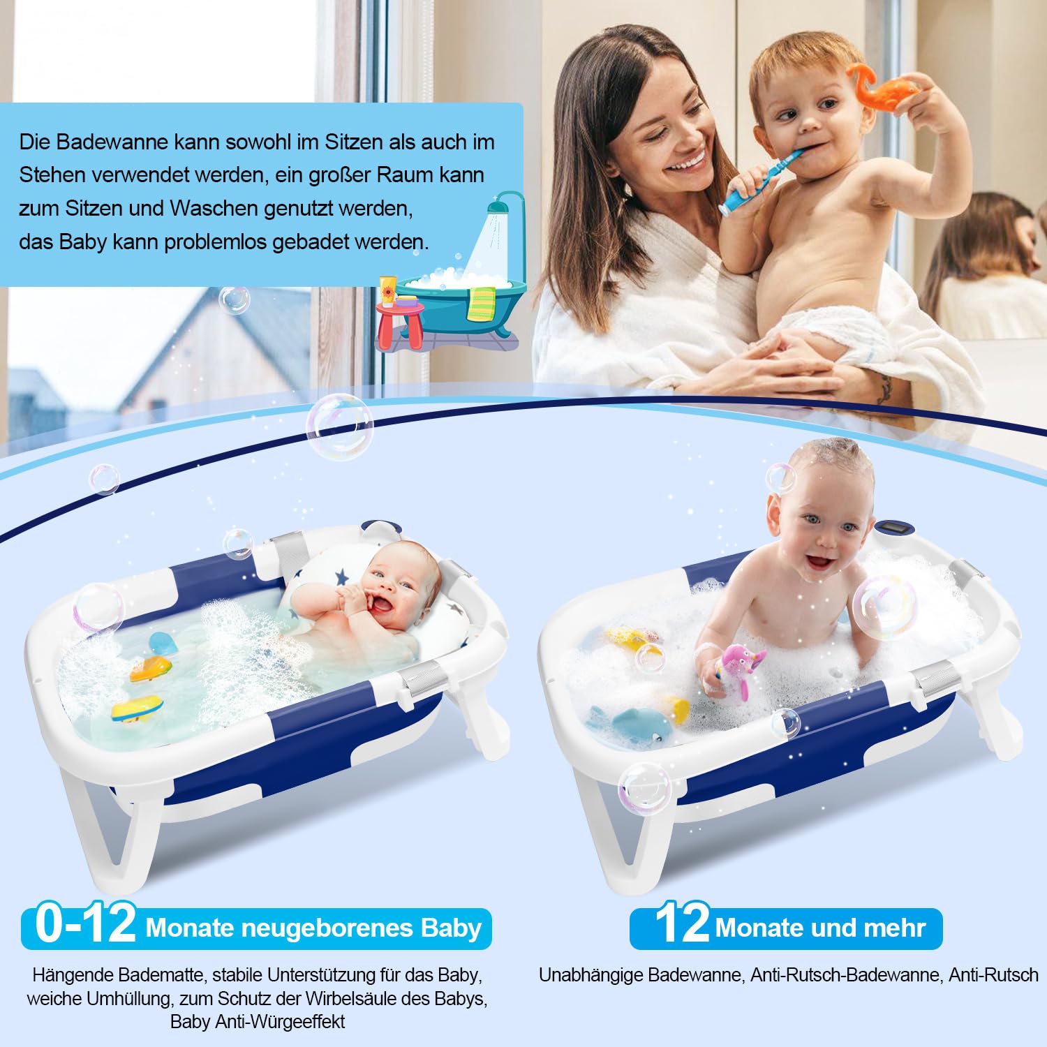 Daromigo Bañera plegable para bebé, con termómetro, con cojín suave, soporte antideslizante, ahorra espacio, para recién nacidos, color azul