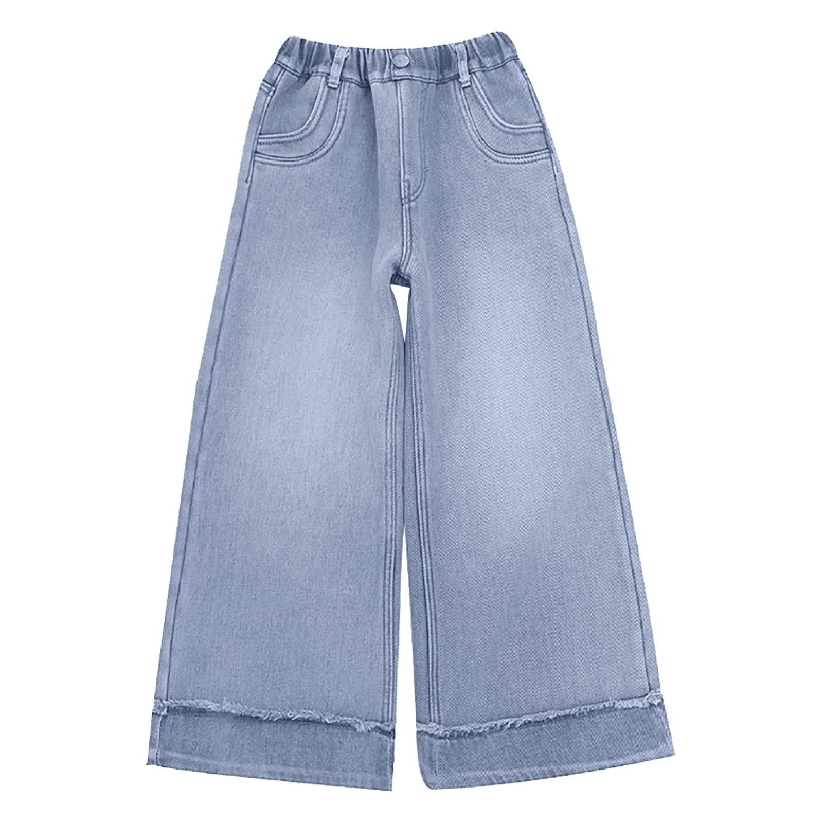 Kelandoom Jeans Jambes Larges Fille - Pantalon Denim Enfant Style Streetwear Y2K Vintage Taille Élastique