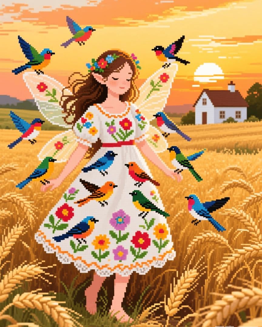 WallustrioaW 11CT Cross Stitch Kits,Fairy Flower Girl,Stamped Cross Stitch for Adults Beginners,Embroidery Crafts Kit for Home Decoration,40x50cm