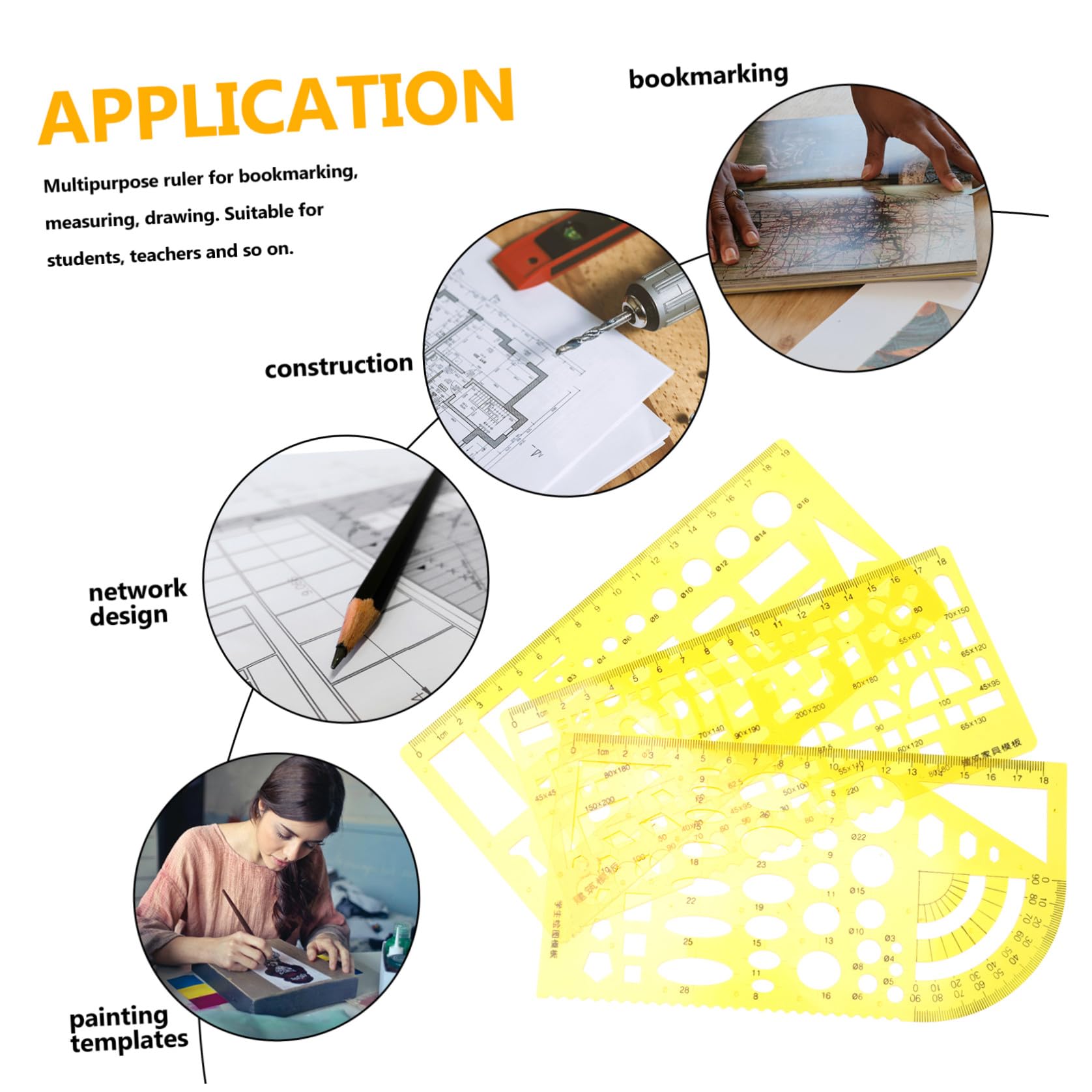 NUOBESTY 3 Juegos regla de la herramienta de medición escala regla para dibujar gobernantes maquinista Dibujo manualidades craft plantilla regla geométrica regla circular el plastico Yellow