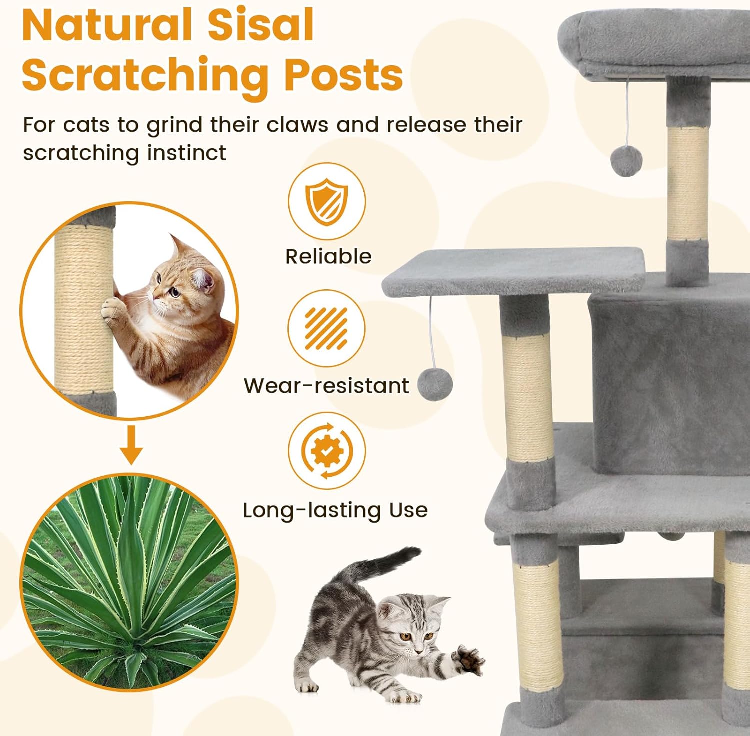 PETSITE Multi-Level Cat Tree, 58 Inches Tall with Sisal Scratching Posts, Condo, Hammock, Dangling Balls, Jumping Platforms, and Cozy Top Perch, Ideal for Indoor Cats to Play and Rest (Grey)