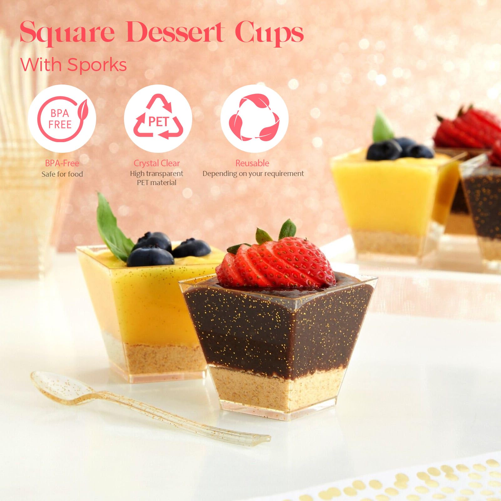 KOOSREEL Lot De 50 Gobelets à Dessert De 60 Ml/2 Oz Avec 50 Cuillères - Mini Tasses à Dessert Réutilisables En Plastique Pour Mousse, Tiramisu, Anniversaire, Mariage