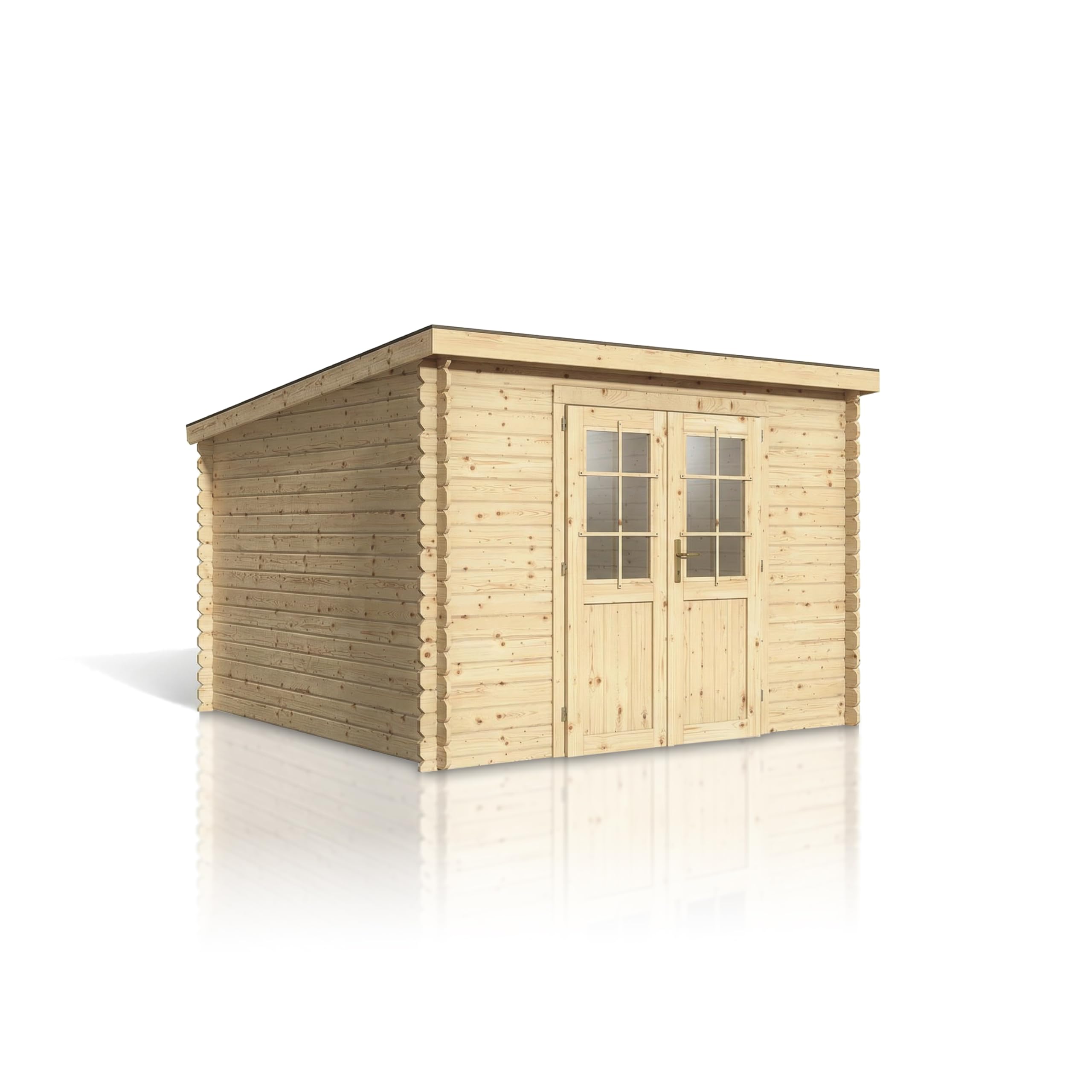 Holz Gartenhaus Blockbohlenhaus Houston | Wandstärke 28 mm | Naturbelassen | B x T x H: 310 x 298 x 226 cm | Doppeltür Mit Echtglas (298 x 309 x 203 cm)