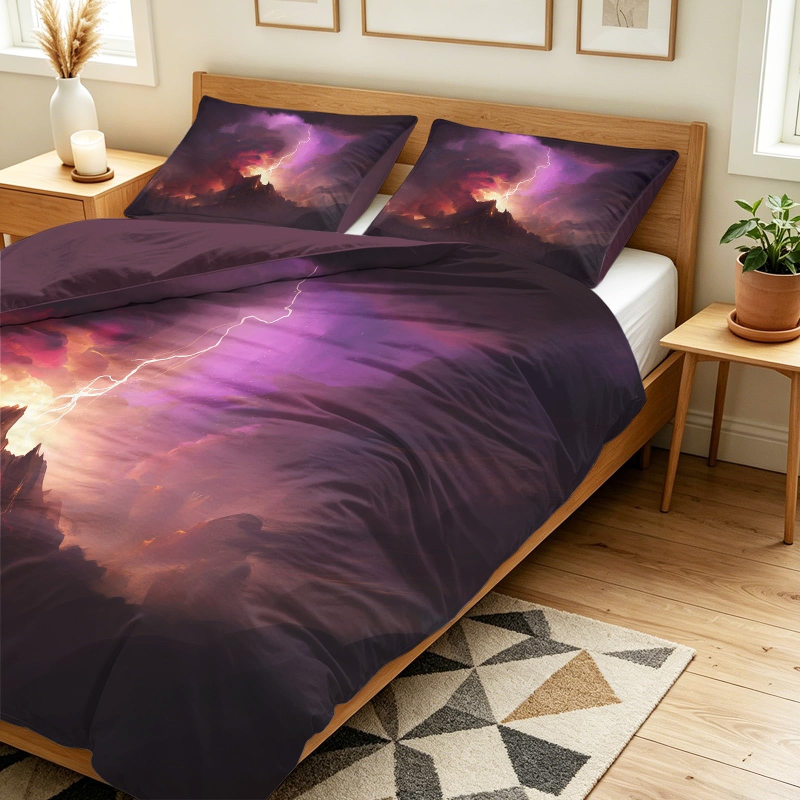 Set copripiumino ultra morbido, antipiega e facile da pulire, 200 x 200 cm, 3 pezzi, con federa, dramatic disaster, vulcano, fumo, fulmini, lava, paesaggio scuro