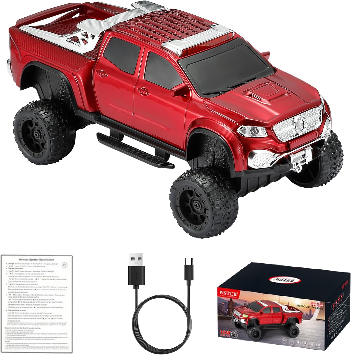 WS-X65 Pickup Truck Replica Bluetooth Speaker – HD Sound, FM Radio, TWS Stereo, LED Party Lights, USB/TF Playback, Built-in Mic – Cool Portable Car Design Speaker for Outdoors & Home (Red)