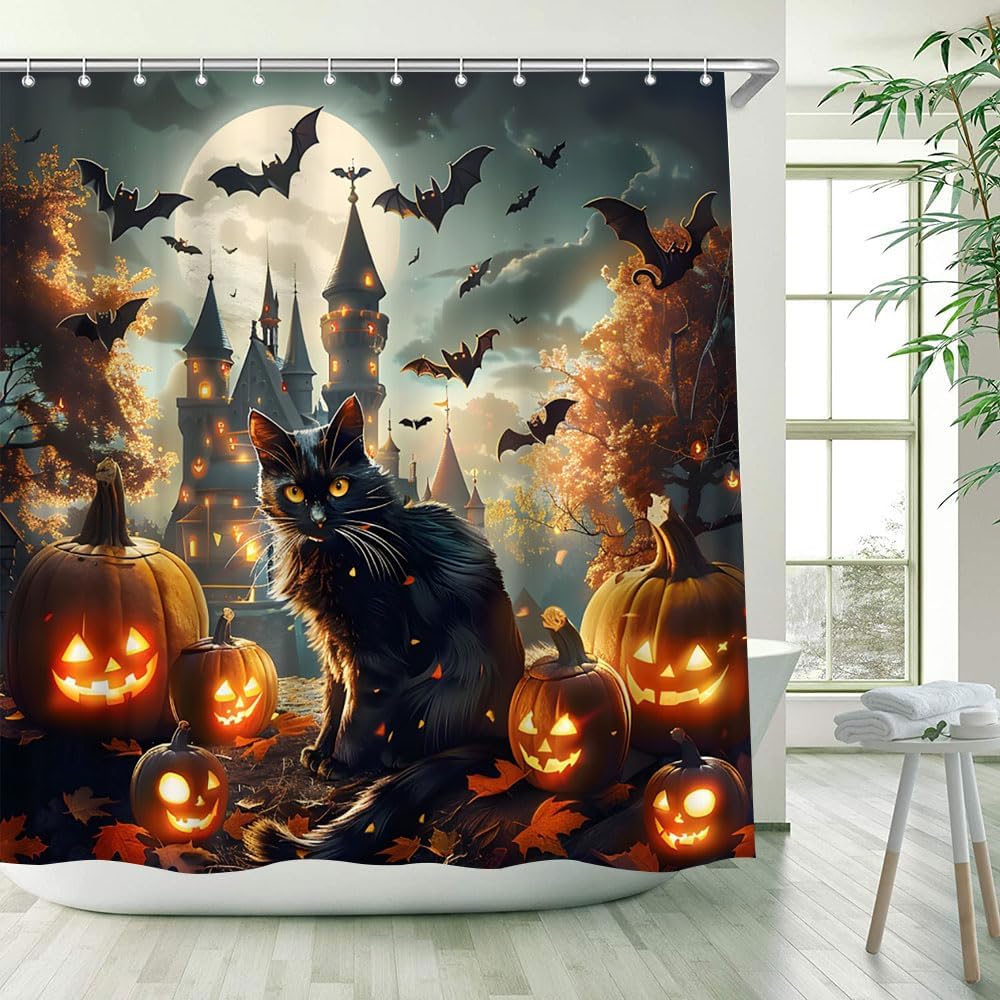 Spooky Halloween Shower Curtain Cute Black Cat Horror Pumpkin Full Moon Bat Maple Leaves Scary Castle Gothic Theme Fall Forest Bathroom Decor Fabric Curtains with Hook 70Wx80H Inches