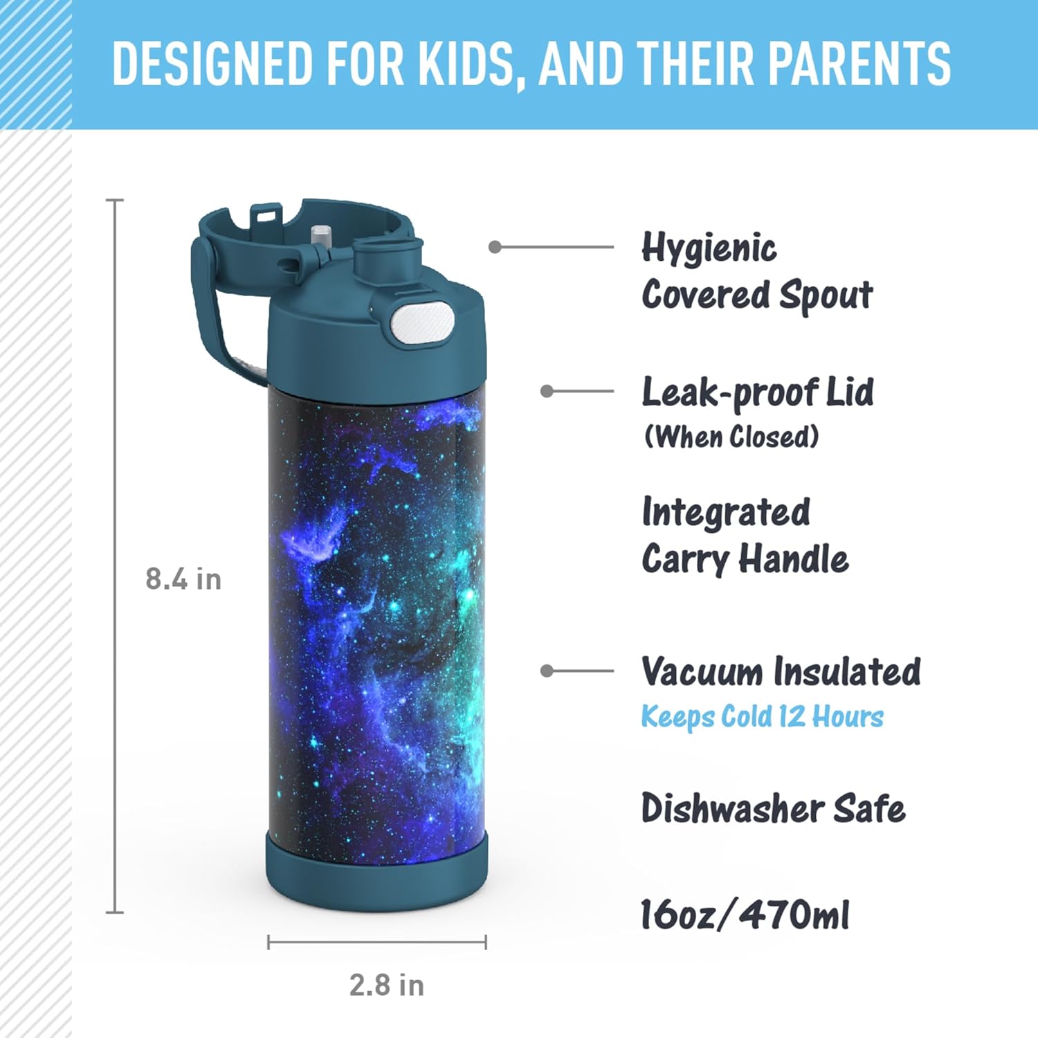 THERMOS FUNTAINER 16 Ounce Stainless Steel Vacuum Insulated Bottle with Wide Spout Lid, Galaxy Teal - Image 2
