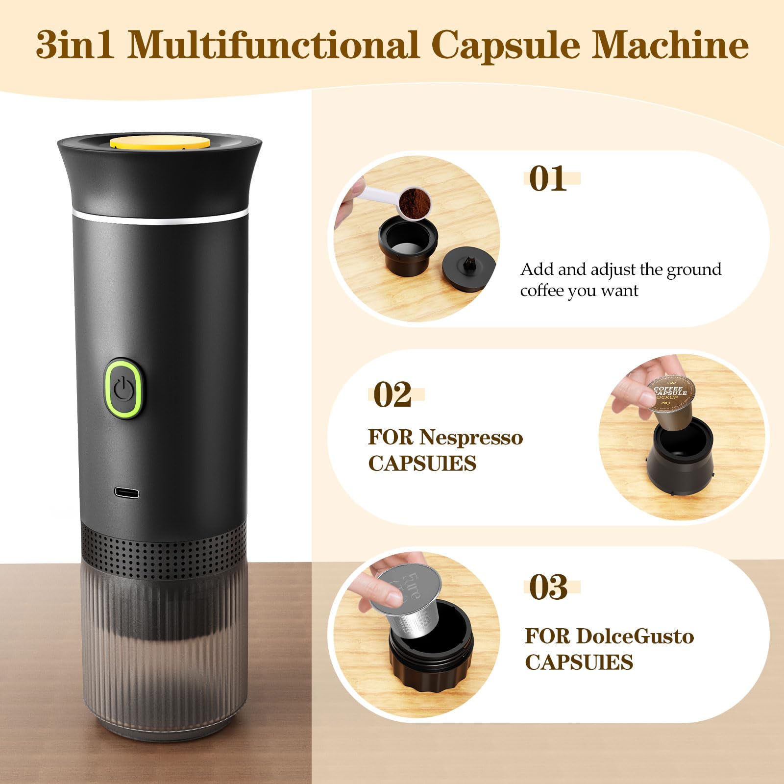Cafetera Espresso Eléctrica Portátil 3 en 1, Cafetera de Viaje, Cafetera de Coche Autocalentable con USB-C, 20BAR Presión, para Cápsulas Pequeñas o Grandes y Café Molido