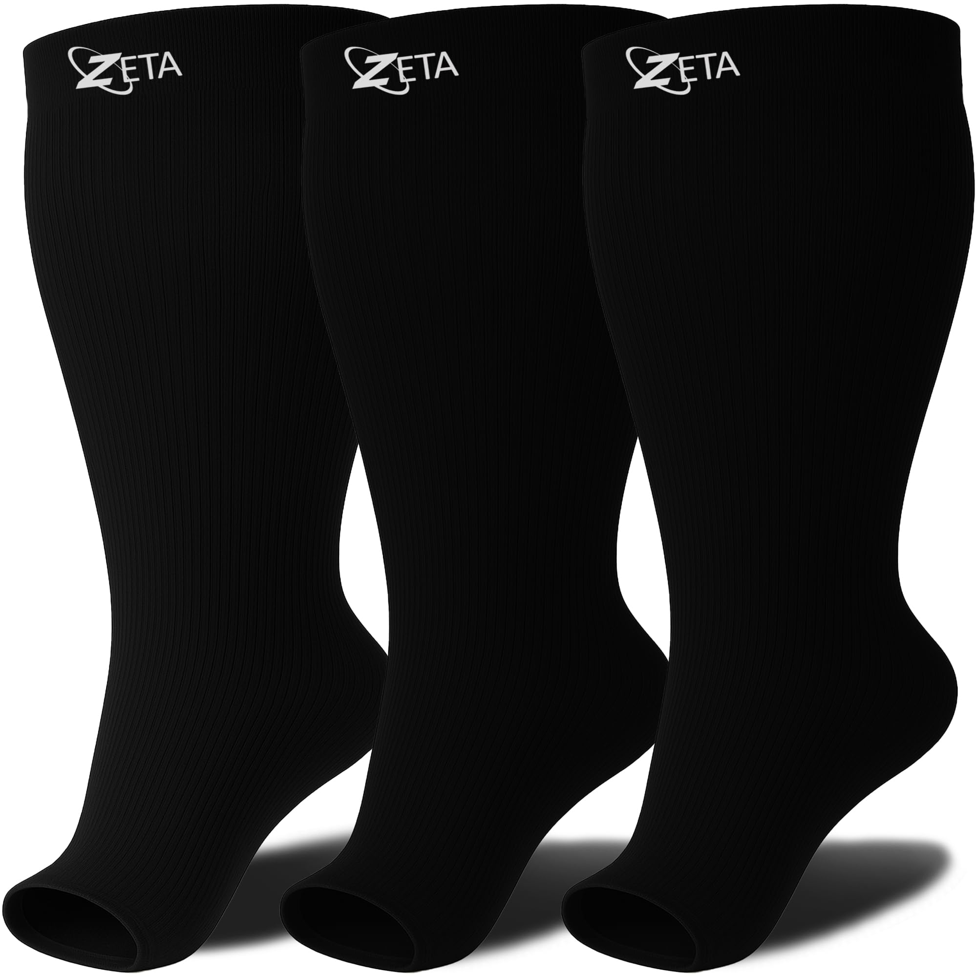 Zeta Wear Calze a Compressione Punta Aperta Polpacci Larghi Taglie Forti Donna Uomo Nero 3XL Confezione da 3, Senza Punta 15-19 mmHg, Gambaletti, XXL-6XL