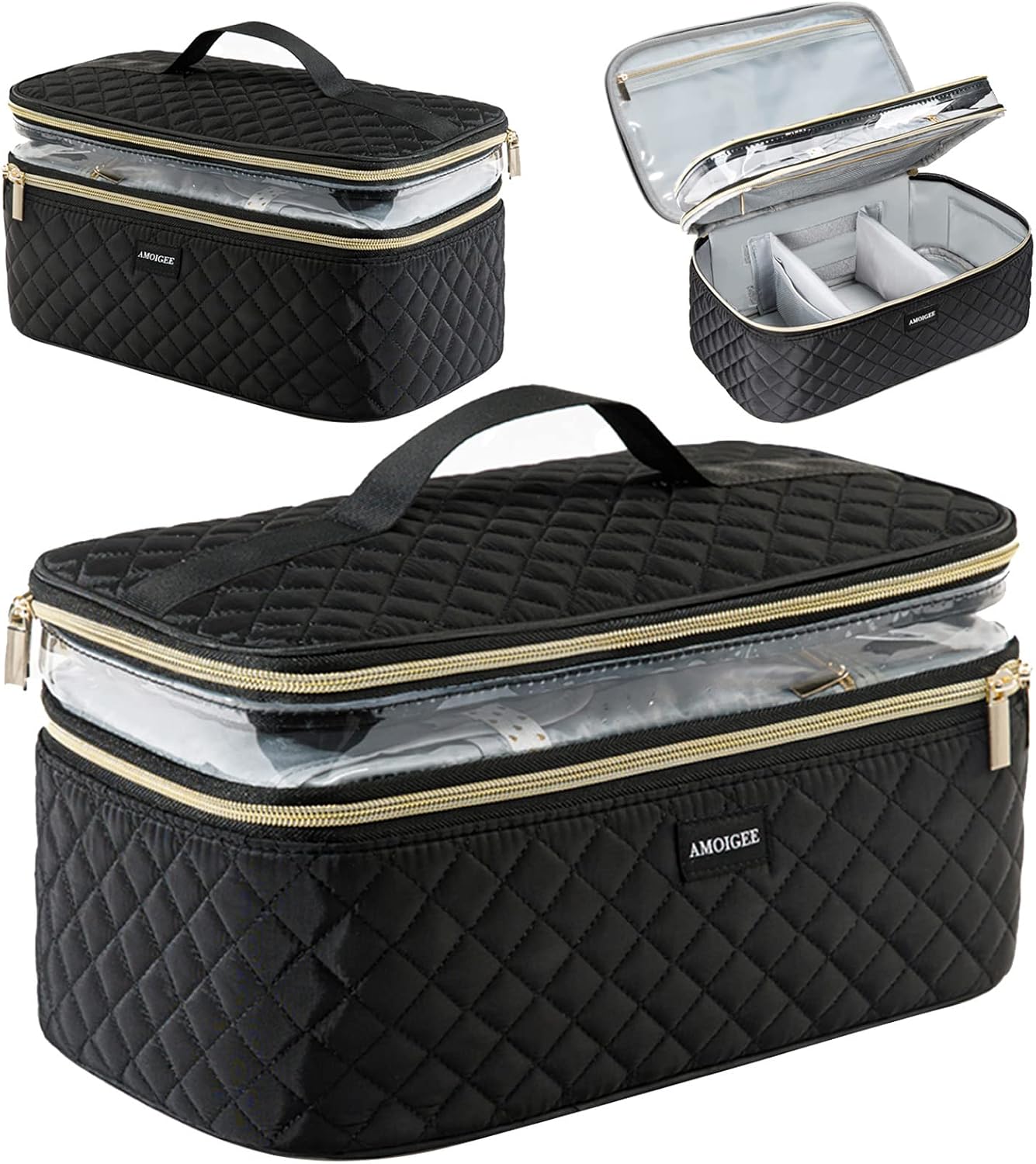 AMOIGEE Large Makeup Bag, Travel Makeup Bag Organizer, Double Layer Train Case Makeup Bag, Toiletry Bag for Makeup Brushes, Full Size Bottles, Palettes Sponge, Cosmetic Organizer, Black.…