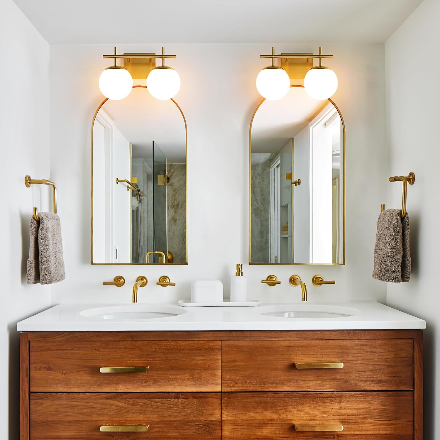 Gold Vanity Light, 2-Light Bathroom Lighting Fixtures Over Mirror Milky White Glass Globe Shades, Modern Vanity Lighting Fixtures Wall Sconce 14 Inch (Exclude E26 Bulb)
