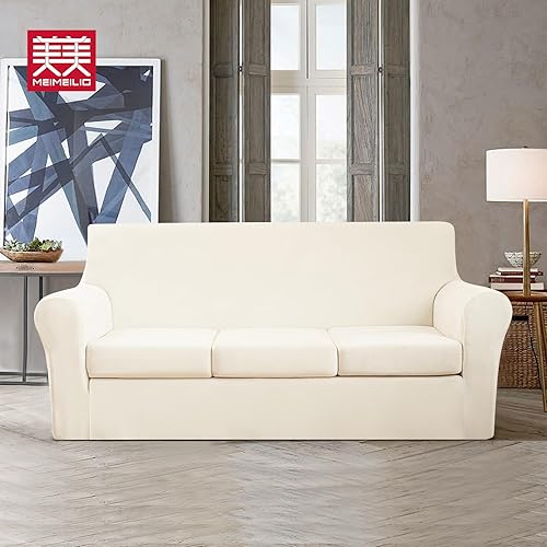 Miniatura 5 de Fundas de terciopelo para sofá de 4 piezas para sofá de 3 asientos, funda de sofá de felpa antideslizante, elásticas, fundas universales para sofá