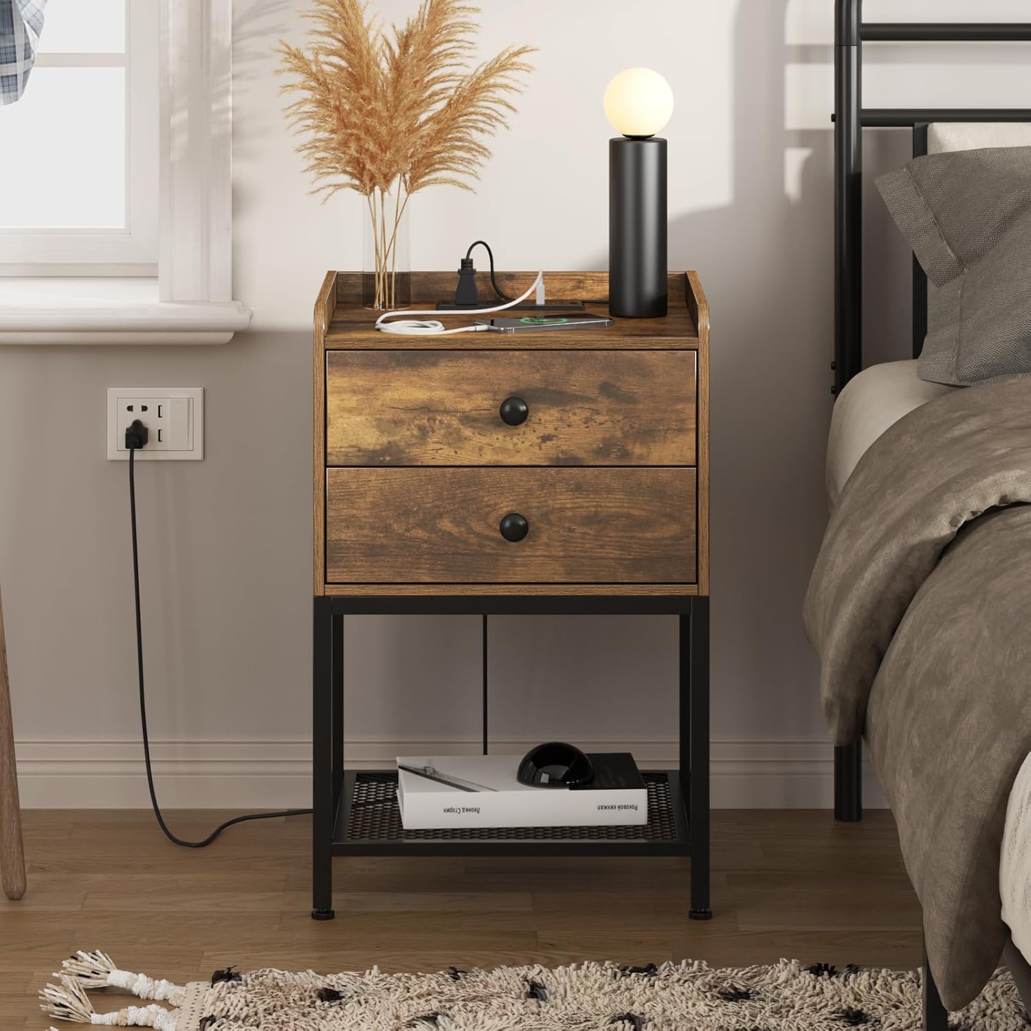 Nightstand with Charge Station and USB Ports, Modern Bedside Table with 2 Drawers & Storage Shelves, Wooden Accent Night Stand with Metal Frame, Vintage End Table for Bedroom, Brown Brown 1PC