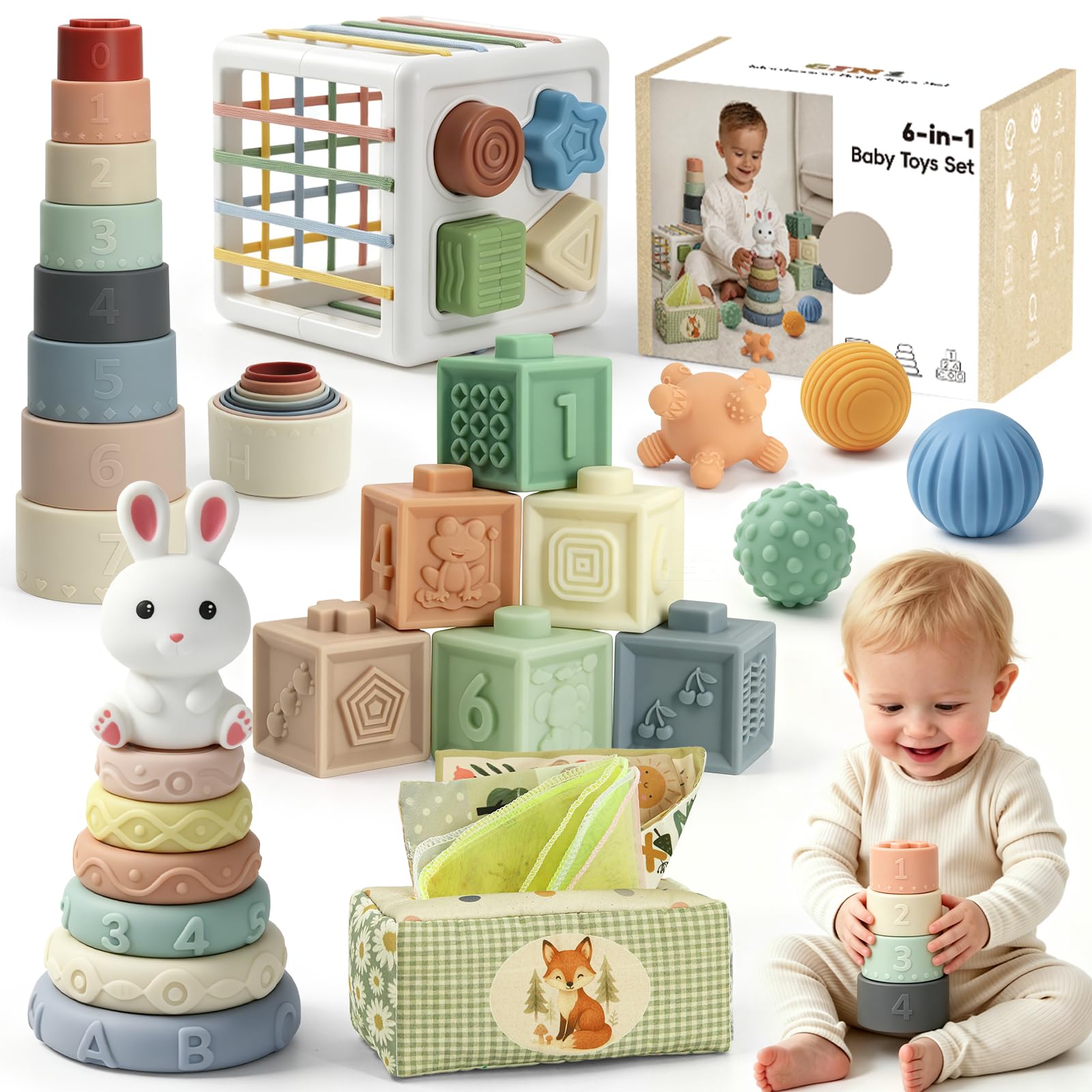 Montessori Baby Toys 6 to 12 Months, 6 IN 1 Baby Sensory Toys 6-12 Months