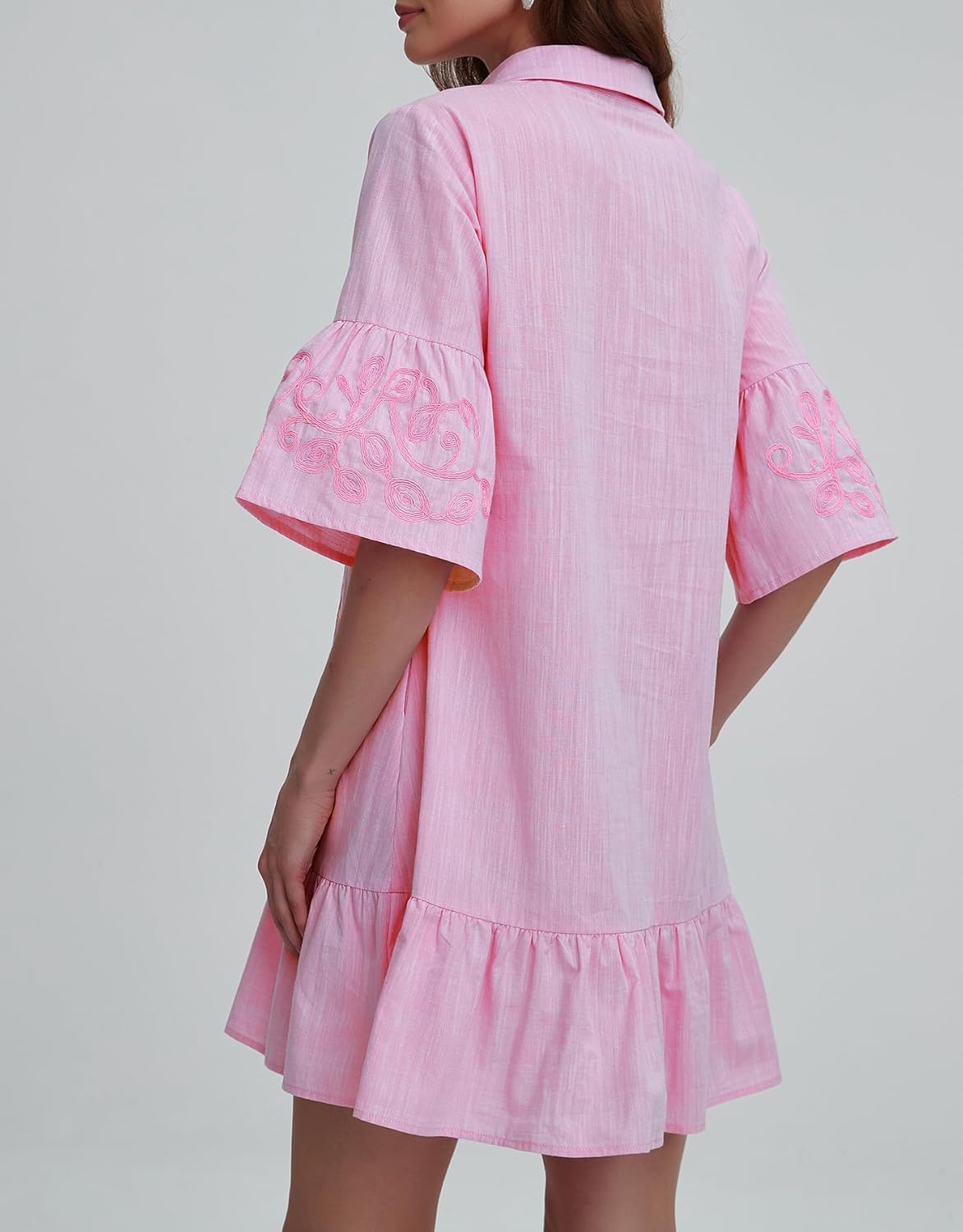 Kedera Women's Summer Button Down Shirt Embroidered Dress Ruffle Sleeve Shift Mini Dresses with Pockets - Image 2