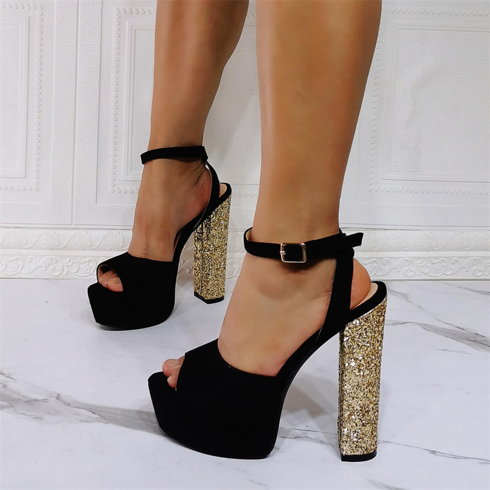Scarpe Piattaforma in camoscio Nero Punta Aperta Donna, Tacco Largo 15 cm | Sandali con cavigliera per Matrimoni e Balli di maturità