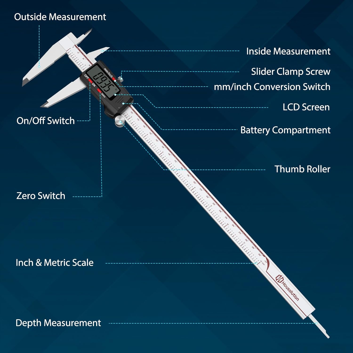 Housolution Digital Caliper 12 Inch, Caliper Measuring Tool with Large LCD Screen, Inch/MM, 4 Measuring Ways, Auto-Off LCD Stainless Steel Micrometer Vernier Caliper for Printing Jewelers Woodworkers
