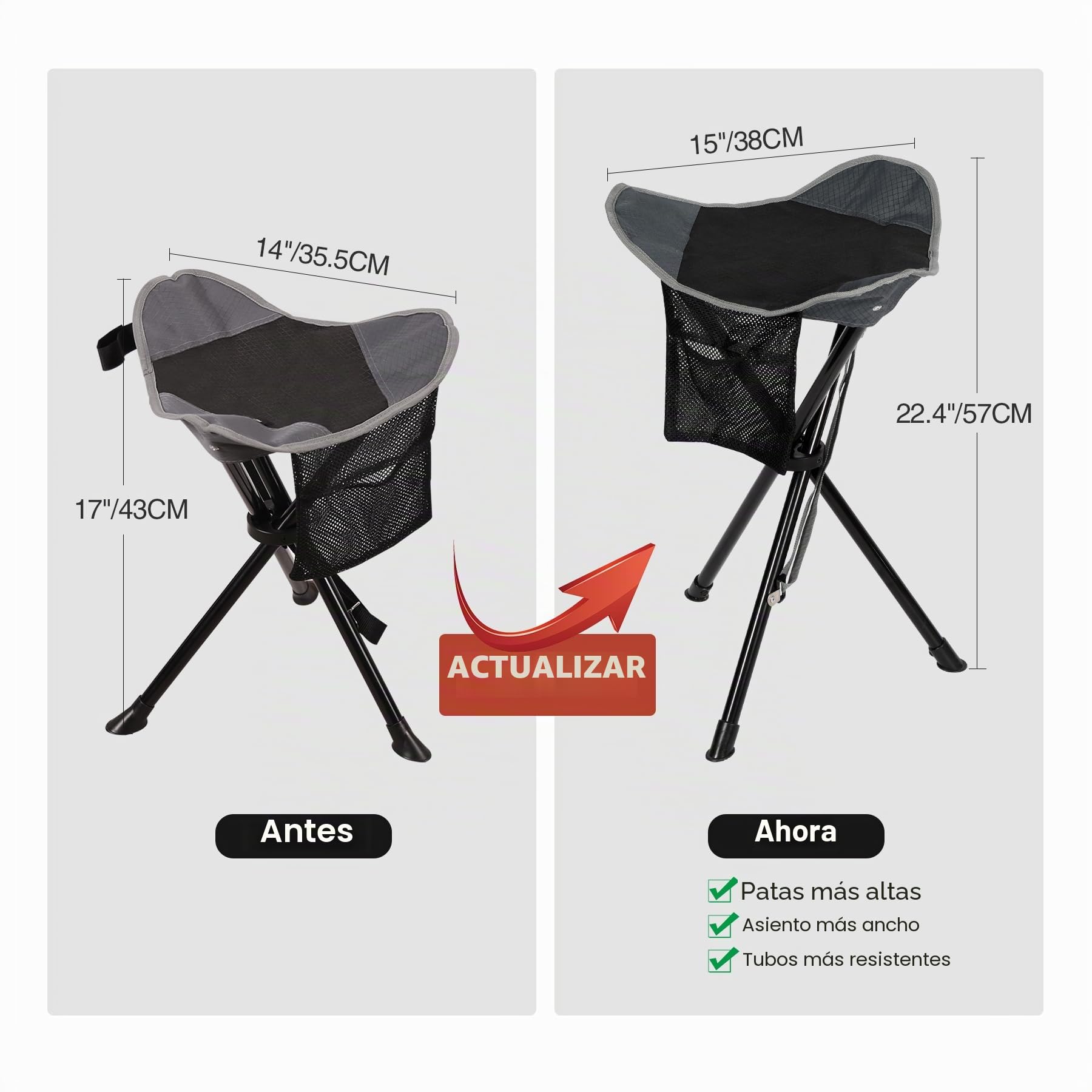 REDCAMP Taburete plegable de 3 patas, 56 cm, juego de 2 unidades, ligero, negro y gris