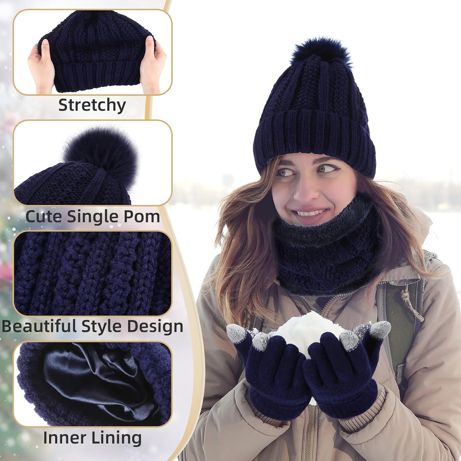 SATINIOR 5 Pcs Winter Satin Lined Hat Scarf Gloves Set Knit Pompom Beanie Warm Touchscreen Glove Earmuff Ear Warmer for Women - Image 4