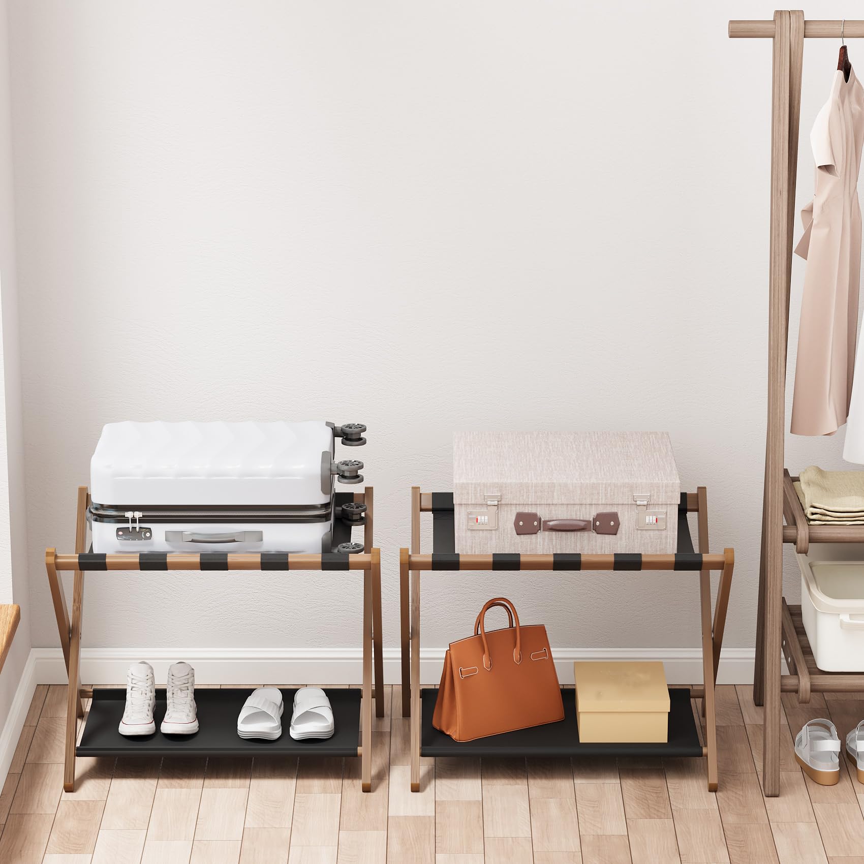 Smuxee Paquete de 2 portaequipajes de bambú de nogal, soporte plegable para maleta con estante de almacenamiento, soporte de equipaje fácil de montar con 5 correas de nailon para habitación de