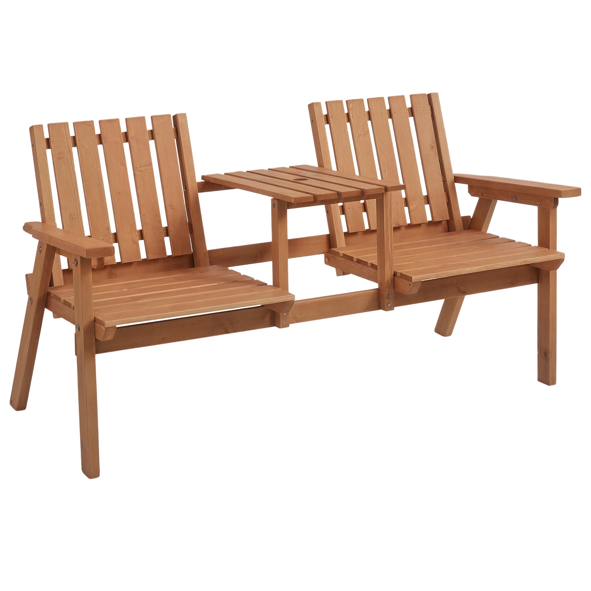 Outsunny Wooden Garden Loveseat, 2-Seater Garden Chair with Table & Parasol Hole, Outdoor Bench for Porch, Patio, Orange