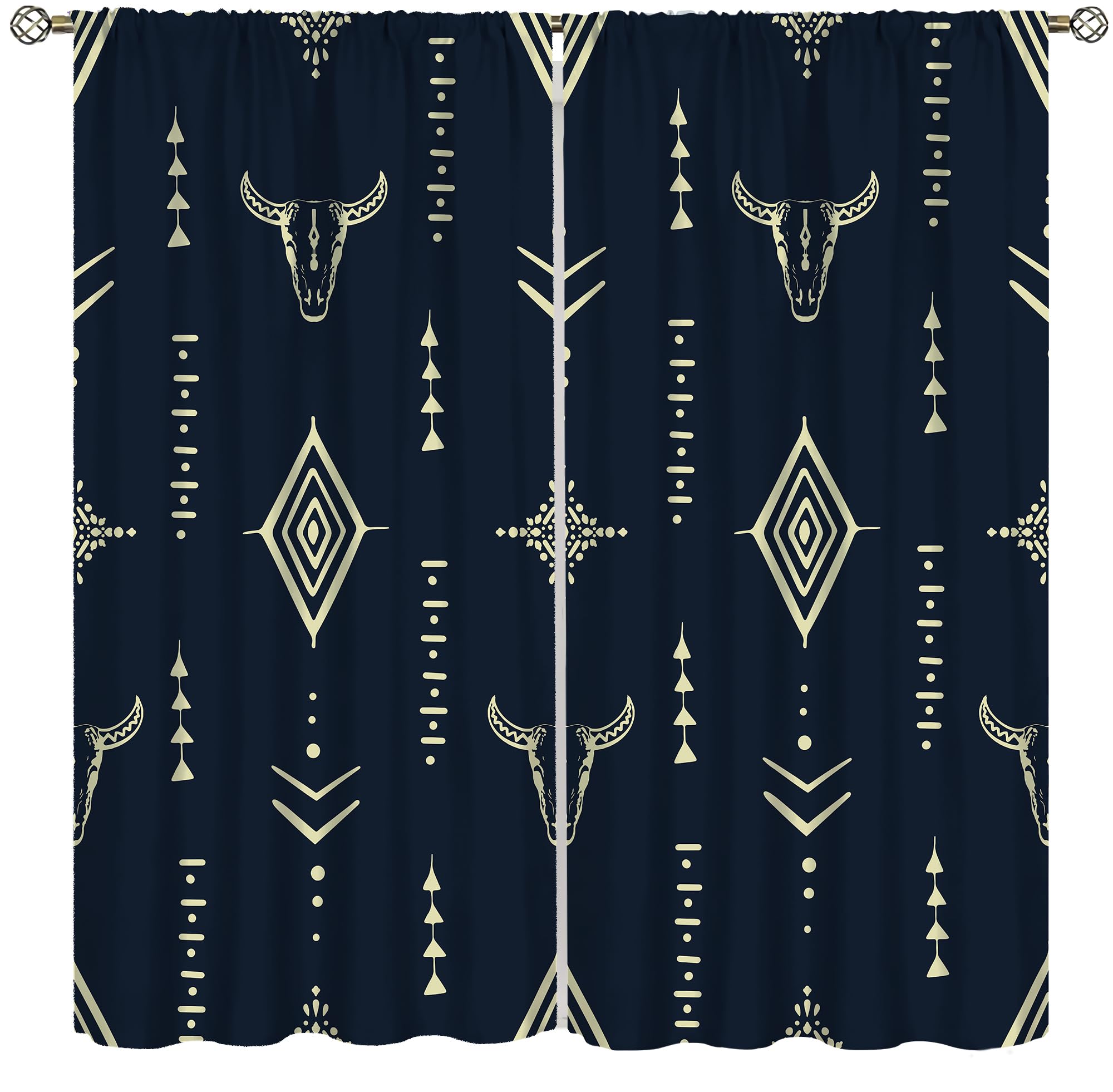 Cortinas aztecas opacas para dormitorio, diseño tribal occidental de calavera de toro nativo, tribal, bohemio, patrón azteca, cortinas de ventana para sala de estar, 42 x 45 pulgadas