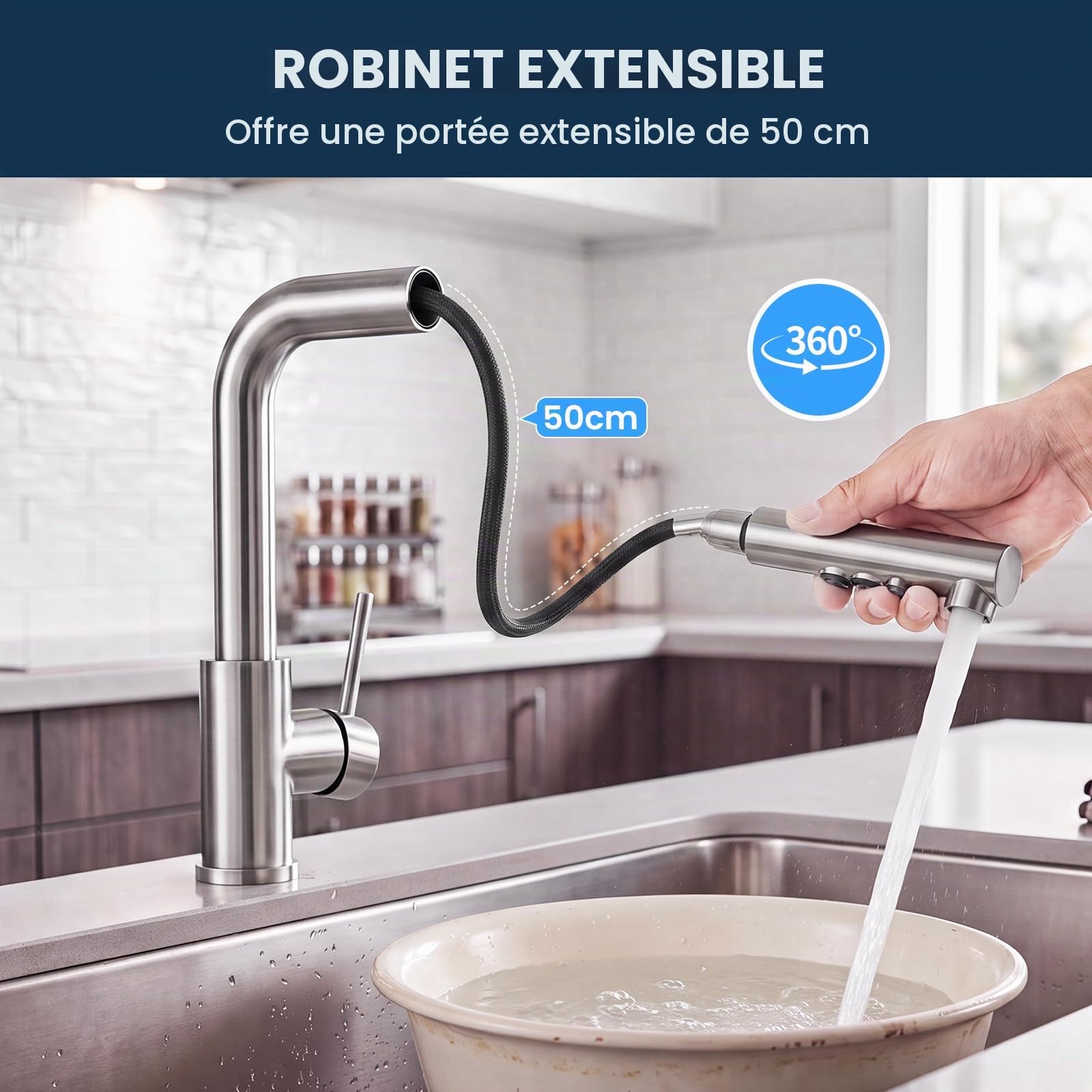 Mitigeur Cuisine Extractible, Robinet Évier Acier Inox 304