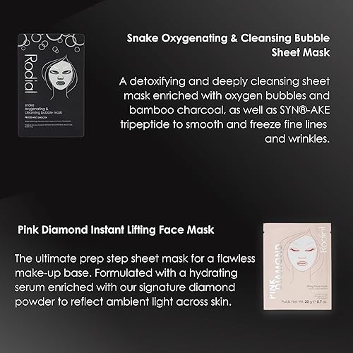 Miniatura 6 de Rodial Edición facial en casa, Máscara de burbujas oxigenante y limpiadora de serpiente, Máscara facial de elevación de diamante rosa, Máscara