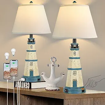 Table Lamps for Bedrooms Set of 2, 3-Way Dimmable Bedside Lamps with Dual USB Charging Ports, Modern White Blue Lighthouse Touch Control Nightstand Lamps for Living Bedroom, Bulbs Included