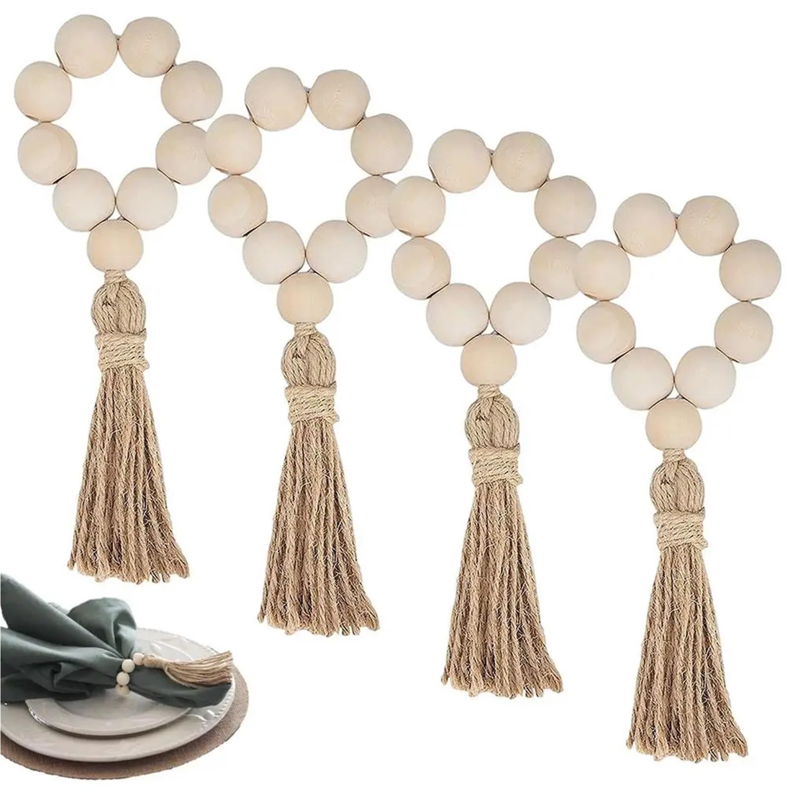 Portatovaglioli 30PCS perline di legno anelli portatovaglioli ghirlanda con nappe perline fattoria rustico tavolo rustico portatovaglioli matrimonio casa boho Decor
