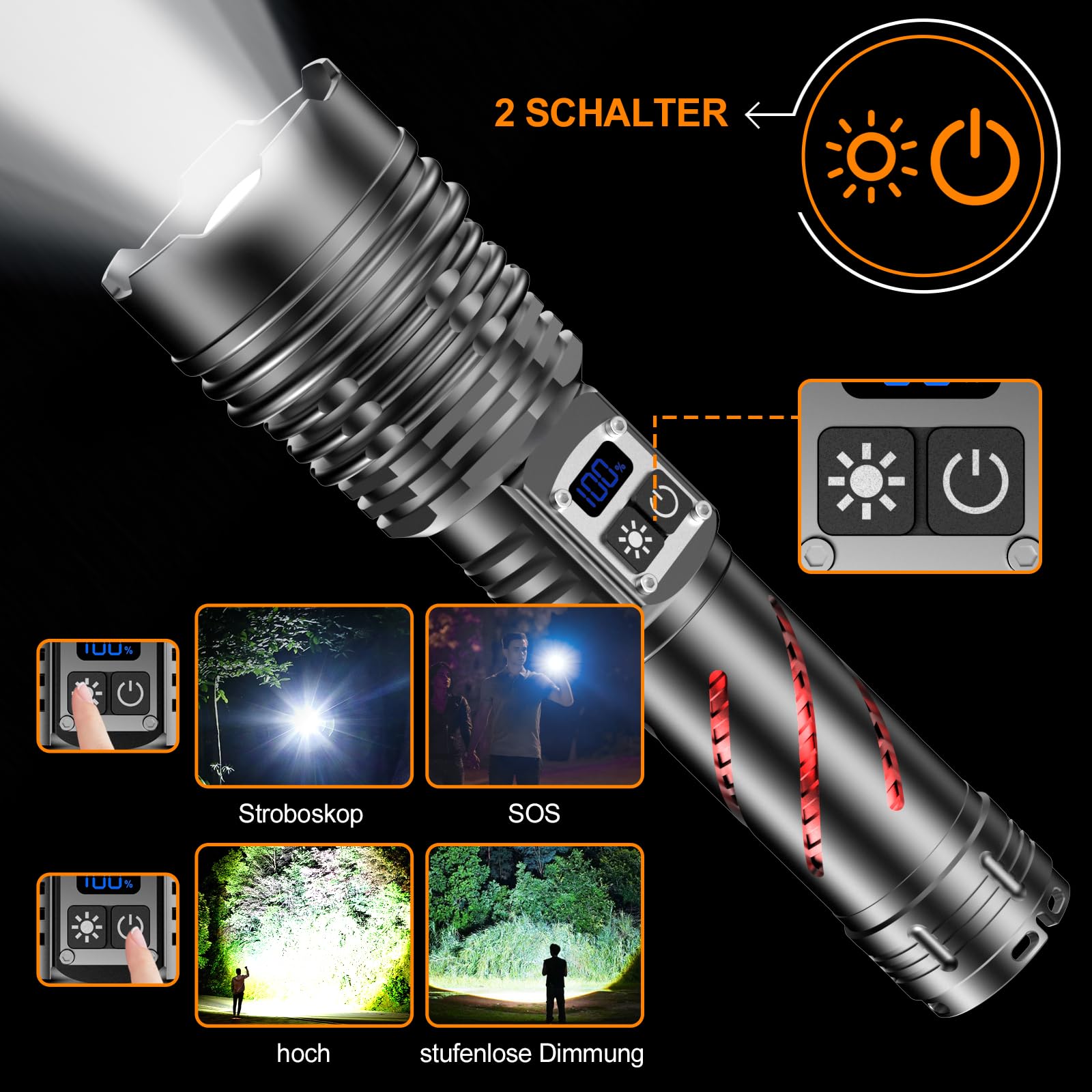 Relybo Led Taschenlampe Extrem Hell 1,000,000 LM - 60W Starke Taschenlampe | 1600m Reichweite Taschenlampe Led Aufladbar, 4 Modi, Stufenlos Dimmbar, Wasserdicht Für Outdoor Camping Wandern Notfälle