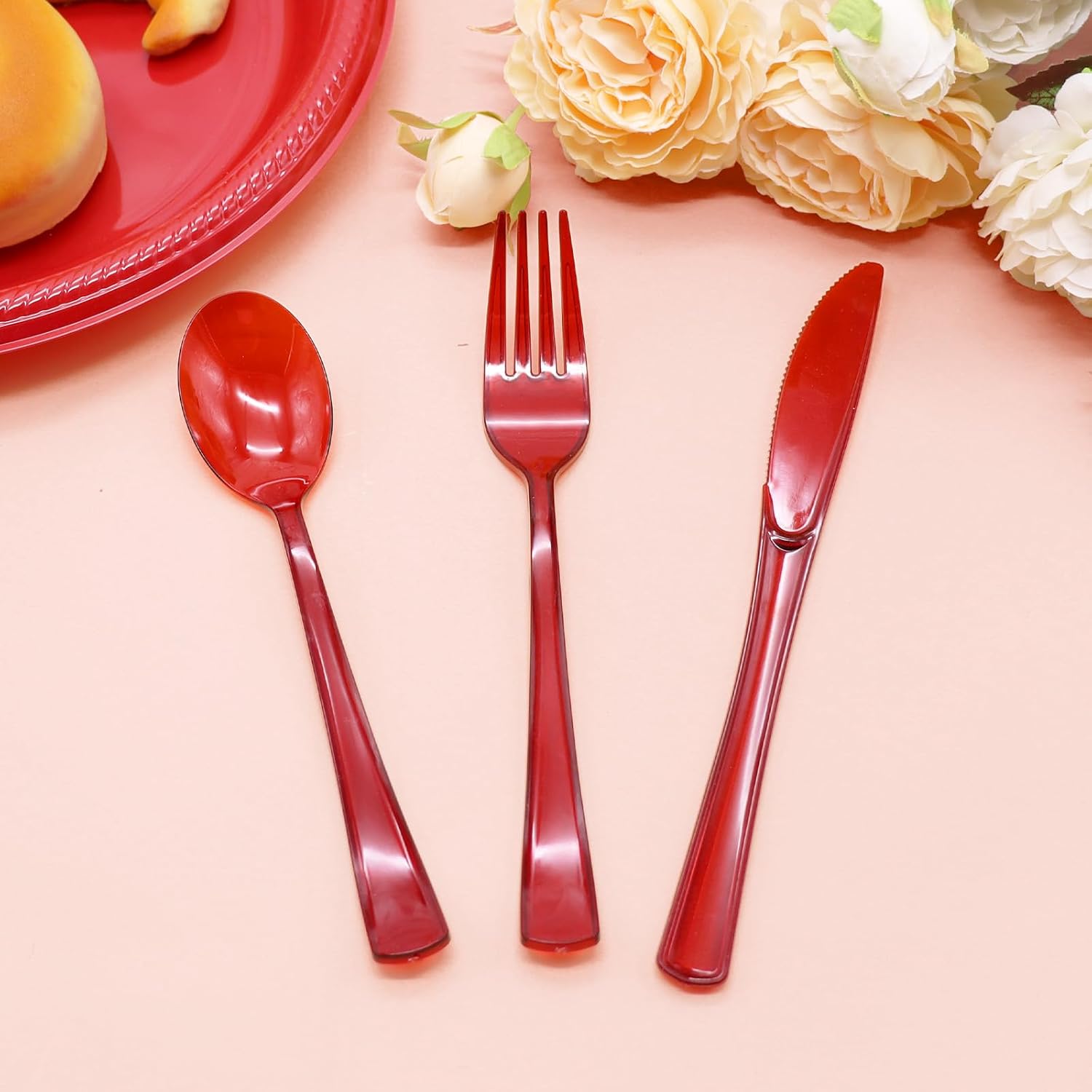 Red Plastic Sierware, Red Utensils Heavy Duty, Disposable Plastic