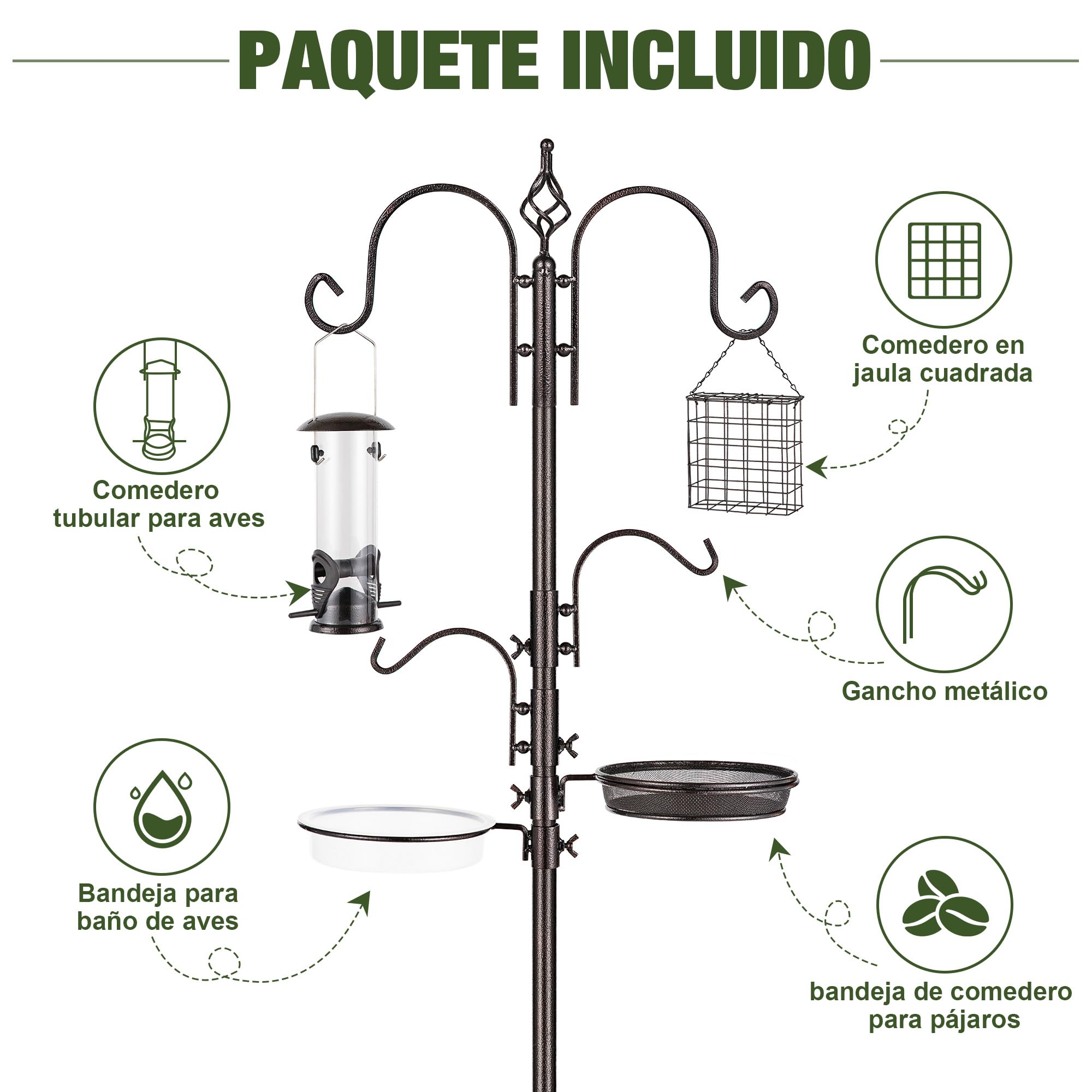 Urban Deco Kit de estación de alimentación para pájaros, colgador multialimentador para colgar con alimentador de sebos de metal, baño para pájaros para atraer pájaros silvestres